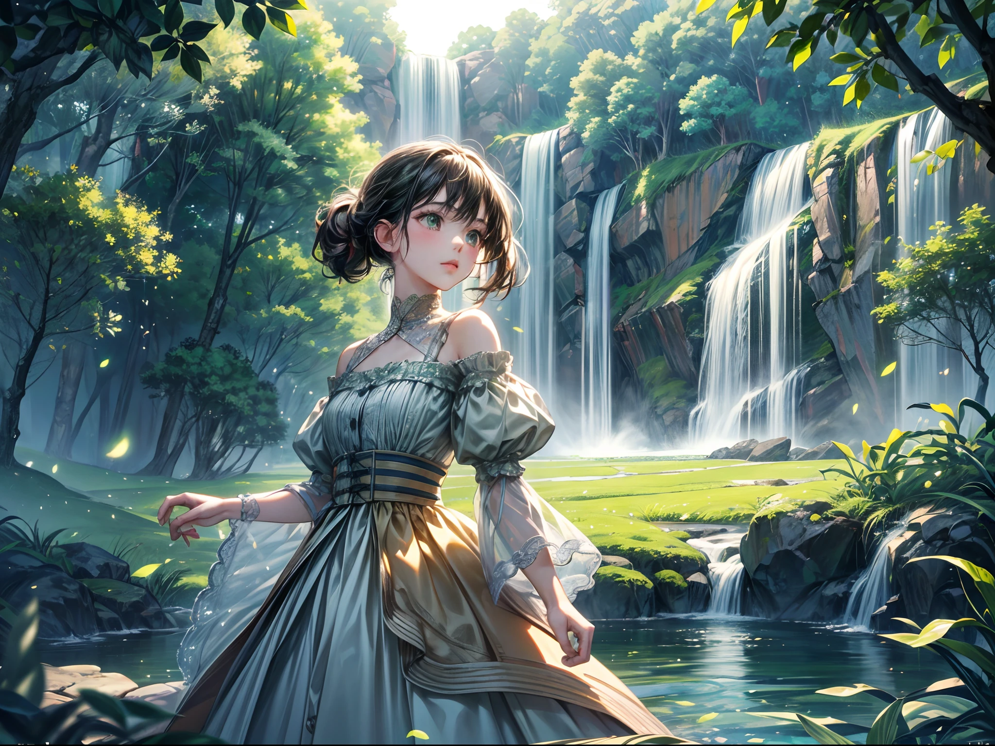1girl, skin, ???????, sun, bright sky, afternoon, solo, small ???????, short hair, blue eyes, wedding clothes, wedding dress, marriage , flowers, hair band, castle, outdoors, sky, full sun, black hair, off shoulder, mountains, cloud, holding, sash, ???? shoulders, standing, white wedding dress, bright sky, bangs, tree, from side, reflection, short hair, beautiful sky (((masterpiece),(extremely detailed CG unity 8k wallpaper),best quality,,solo,1girl,cinematic lighting,detailed background,beautiful detailed eyes,bright pupils, (an extremely delicate and beautiful),(Beautiful and detailed eye description)， ultra-detailed,masterpiece,)),