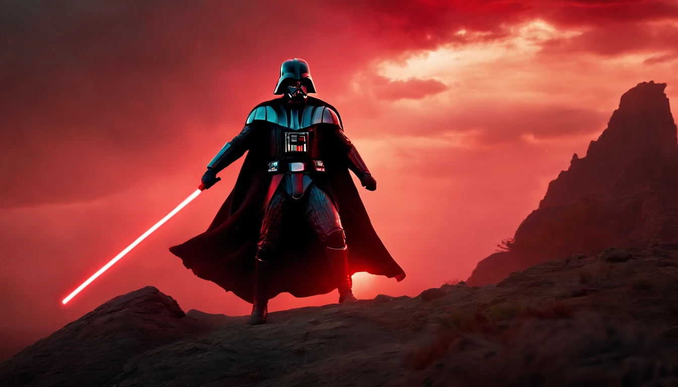 darth vader as a spartan warrior, jumping in the air, a neon red light sabers in hand, the sky is a pale hunter green, dying spartans on the ground , bloody armor, epic, 8k