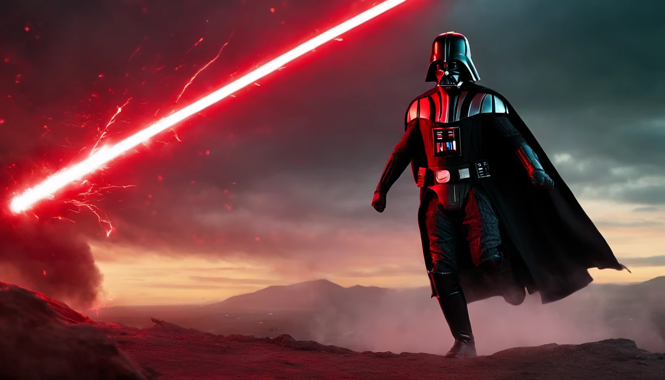 darth vader as a spartan warrior, jumping in the air, a neon red light sabers in hand, the sky is a pale hunter green, dying spartans on the ground , bloody armor, epic, 8k