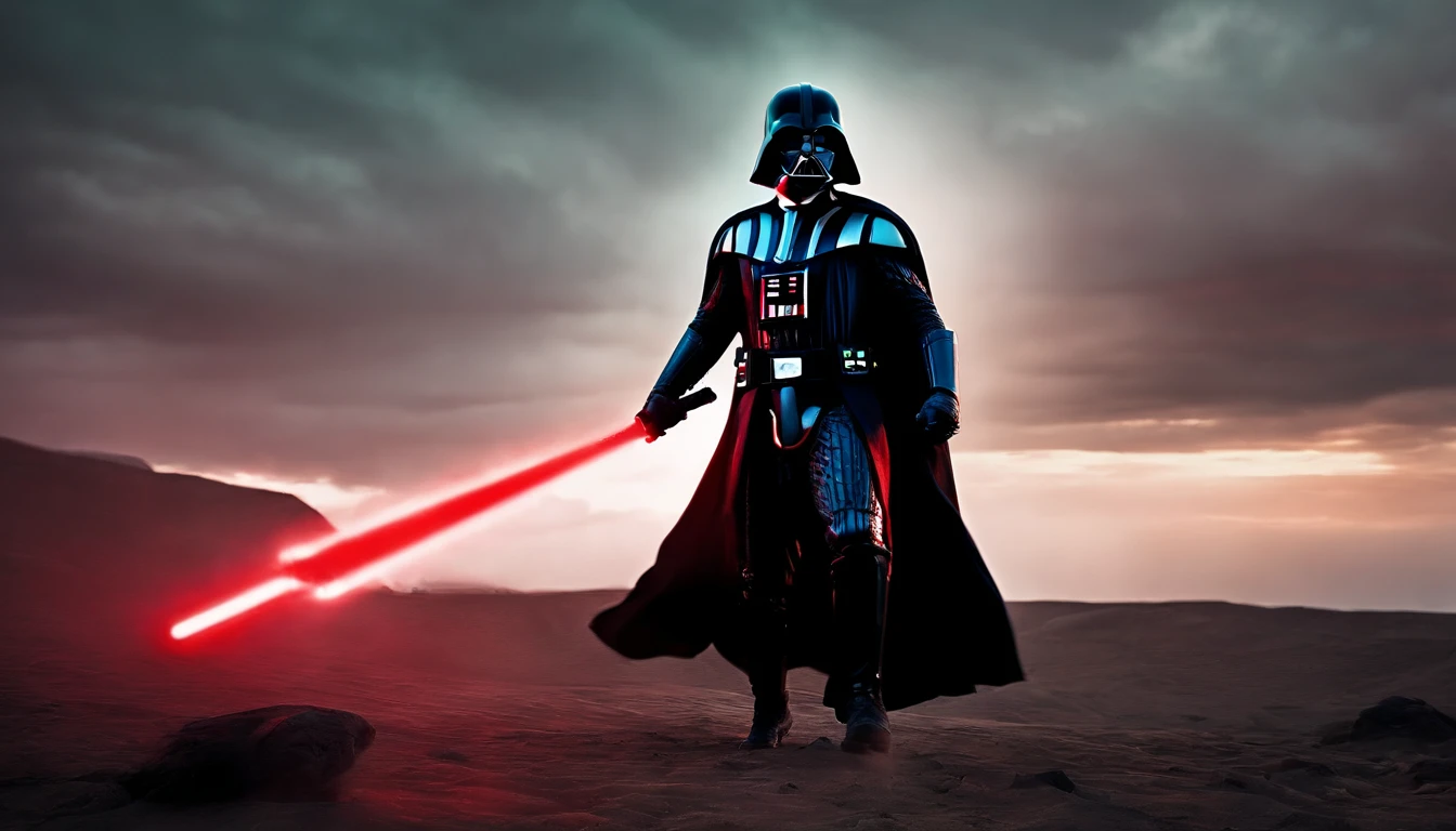 darth vader as a spartan warrior, jumping in the air, a neon red light sabers in hand, the sky is a pale hunter green, dying spartans on the ground , bloody armor, epic, 8k