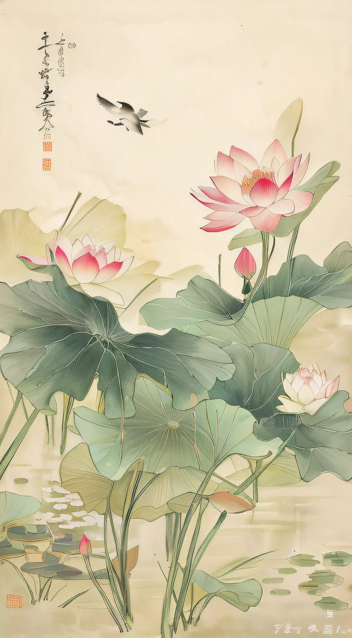 Chinese Painting Gongbi Painting Chinese Style Lotus flowers blooming in the pond There is a bird in the distance
