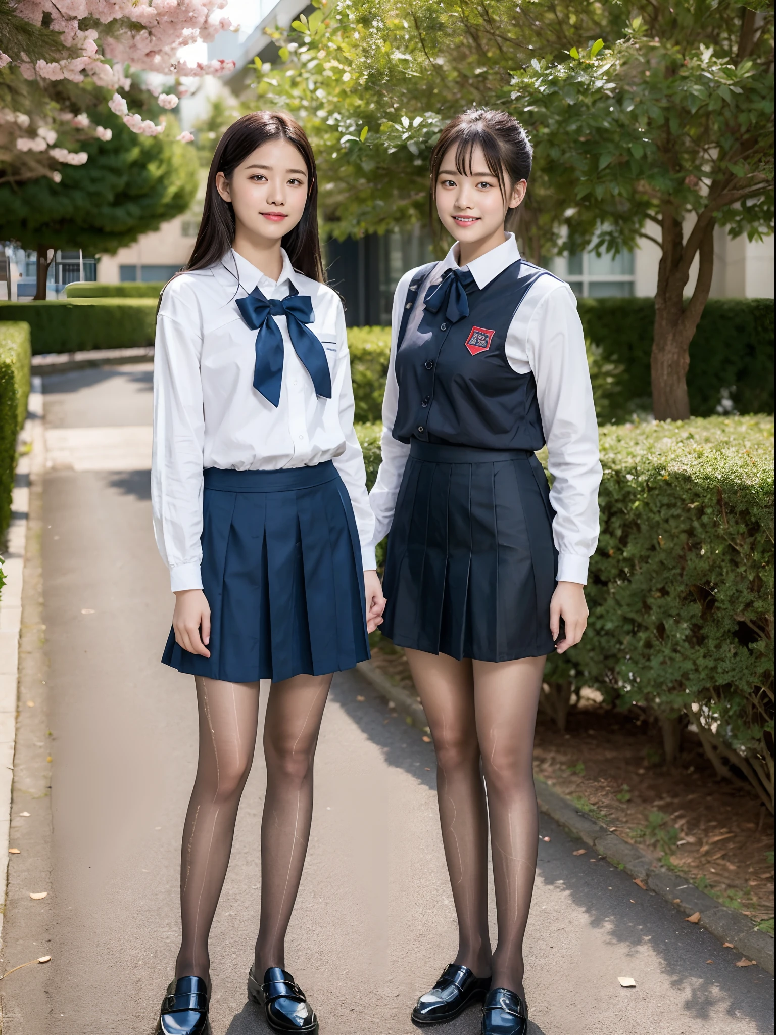 Beautiful detailed woman,very detailed eyes and faces, A detailed eye, ultra - detailed, A high resolution, The is very detailed,best qualtiy,illustratio,unified,8k 壁纸,tmasterpiece,best qualtiy,one-girl,Delicate girl,Slightly chubby figure,plumw,full bodyesbian,are standing,Casual pose,Student clothes,校服,The shirt,neck bowtie,pleatedskirt,High socks,White high socks,Small leather shoes