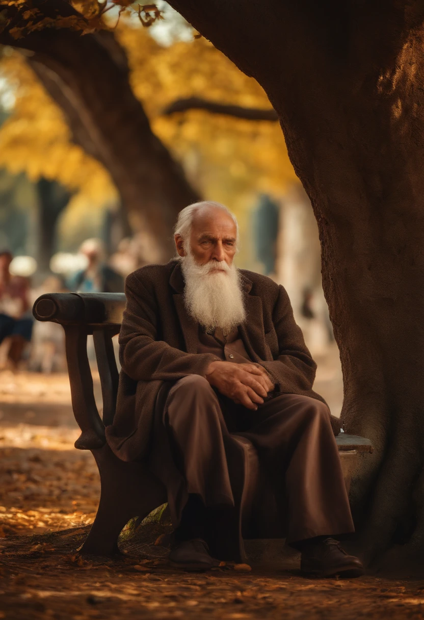 wise old man, sitting on a bench under a tree, several people around him, realistic photography, 8k, best quality, ultra-detailed, photorealistic, HDR, vivid colors, studio lighting, portraits.