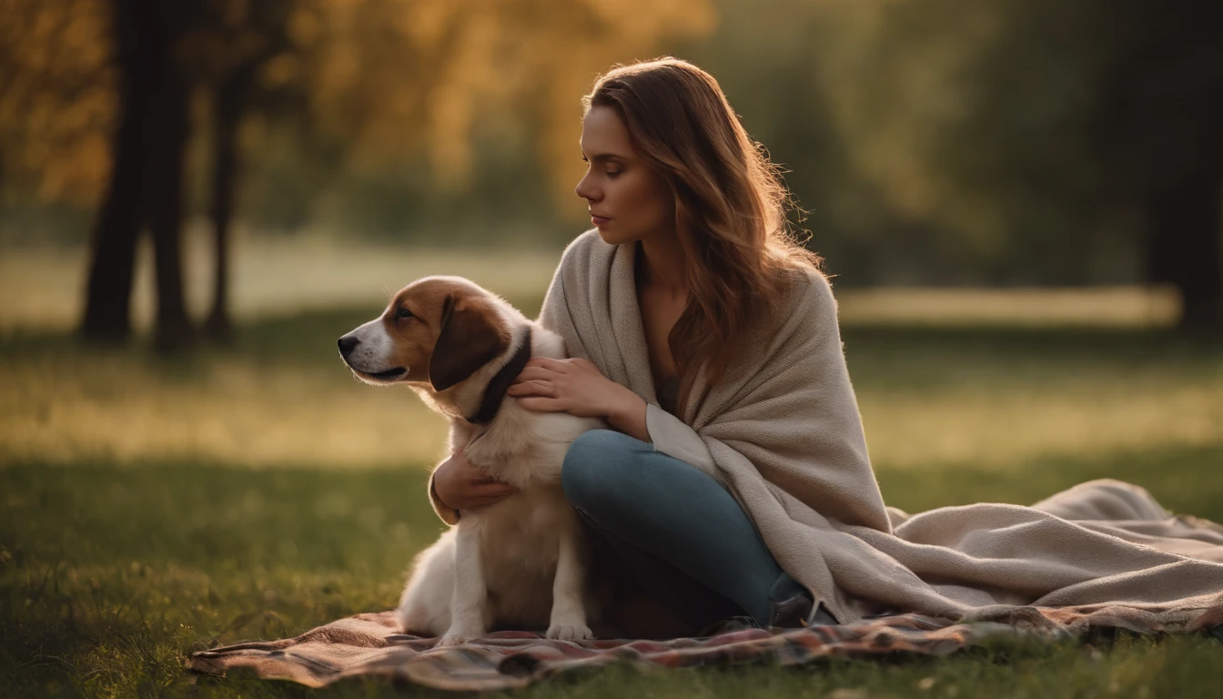 Girl with puppy, parks, Wrapped in a blanket,Picnic mats,grassy fields,