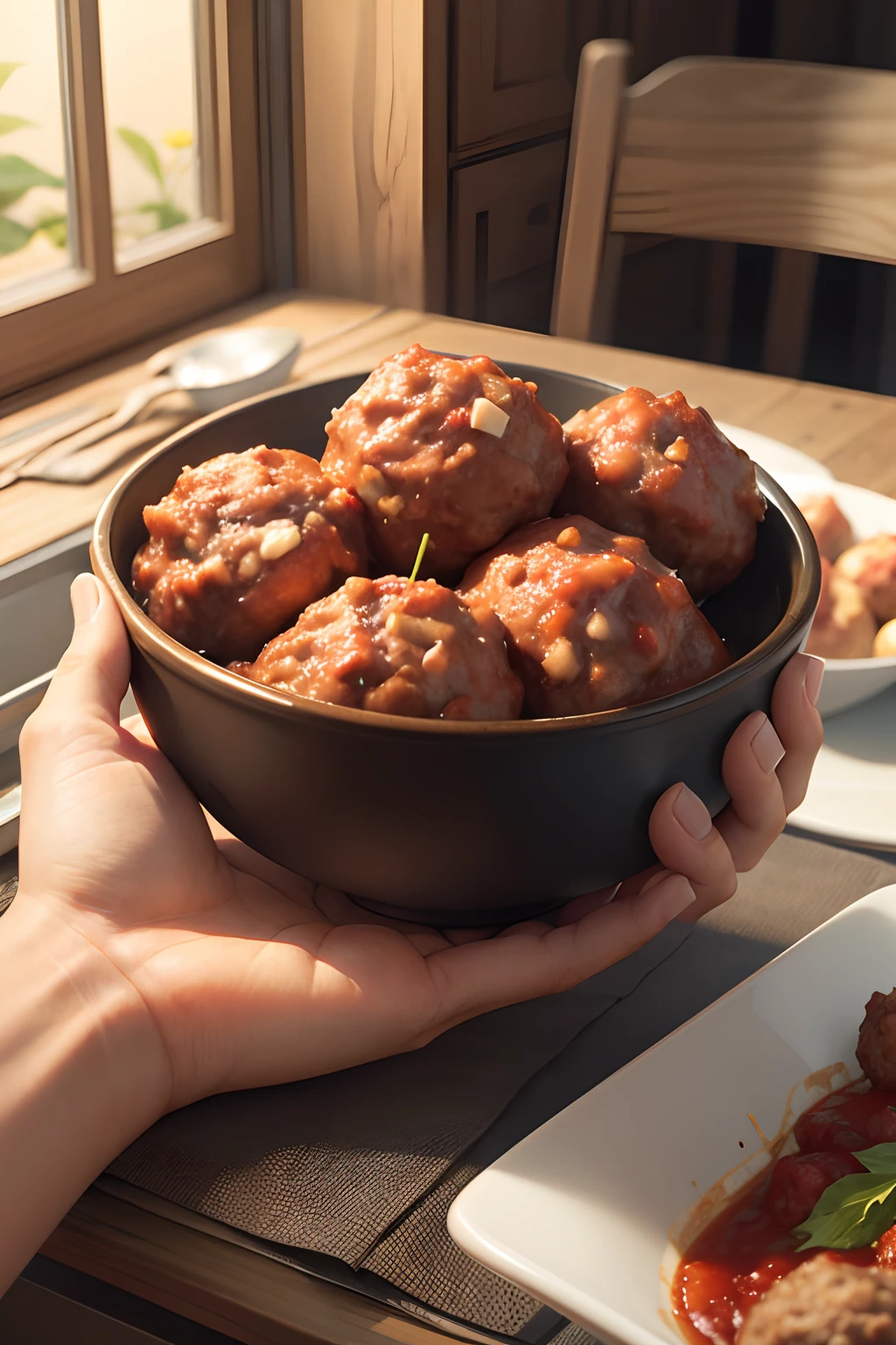 A pair of hands,Holding a bowl,Inside the bowl are meatballs,