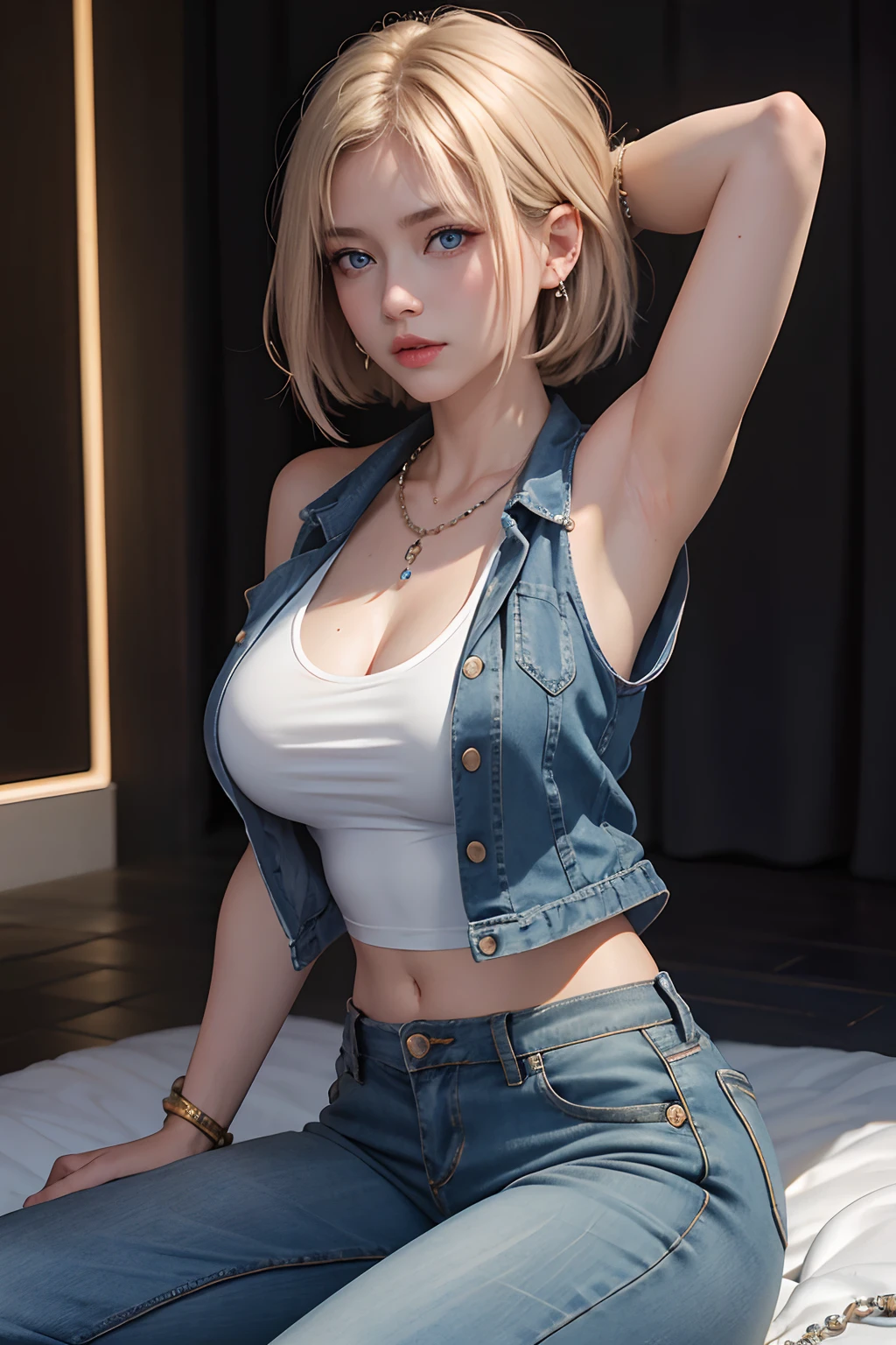 Hyper detailed image, UHD, 16k, professional photo, (Realistic photo of Android-18 from Dragon Ball Z) girl Goddess of beauty, charming, very straight short blonde hair, a strand of hair between her eyes, serious facial expression, (( she wears a blue denim jacket and a white cropped shirt, short white underground showing her chest meat)), erotic open denim jacket showing her impressive, beautiful and perfect big breasts, ((natural sagging breasts, breasts, ultragiant pointed long breasts coming out of the jacket)) full breasts, large body, thin, curvaceous, pert ass, she wears a belt and a (((blue denim skirt raised she doesn't wear panties, pussy exposed, pubic hair exposed, lifting her skirt with her hand ))), thick legs open, smiling showing thong stuck in pussy, flexible body, brown boots, perfect hands and fingers, dark environment, cyberpunk background,
(android-18 cyberpunk style), Official Art, Android-18 Sexy woman, official character art, sexy female protagonist, curved, slim and toned body, legs open, exposed, micro thong stuffed in her pussy:8, Akiri Toriyama, Director: Akira Toriyama, Bulma from Dragon Ball, Best Anime Character Design, Style Akira Toriyama, single character beautiful, half-naked, (great lighting) (pussy, porn, pubic hair), (no panties)