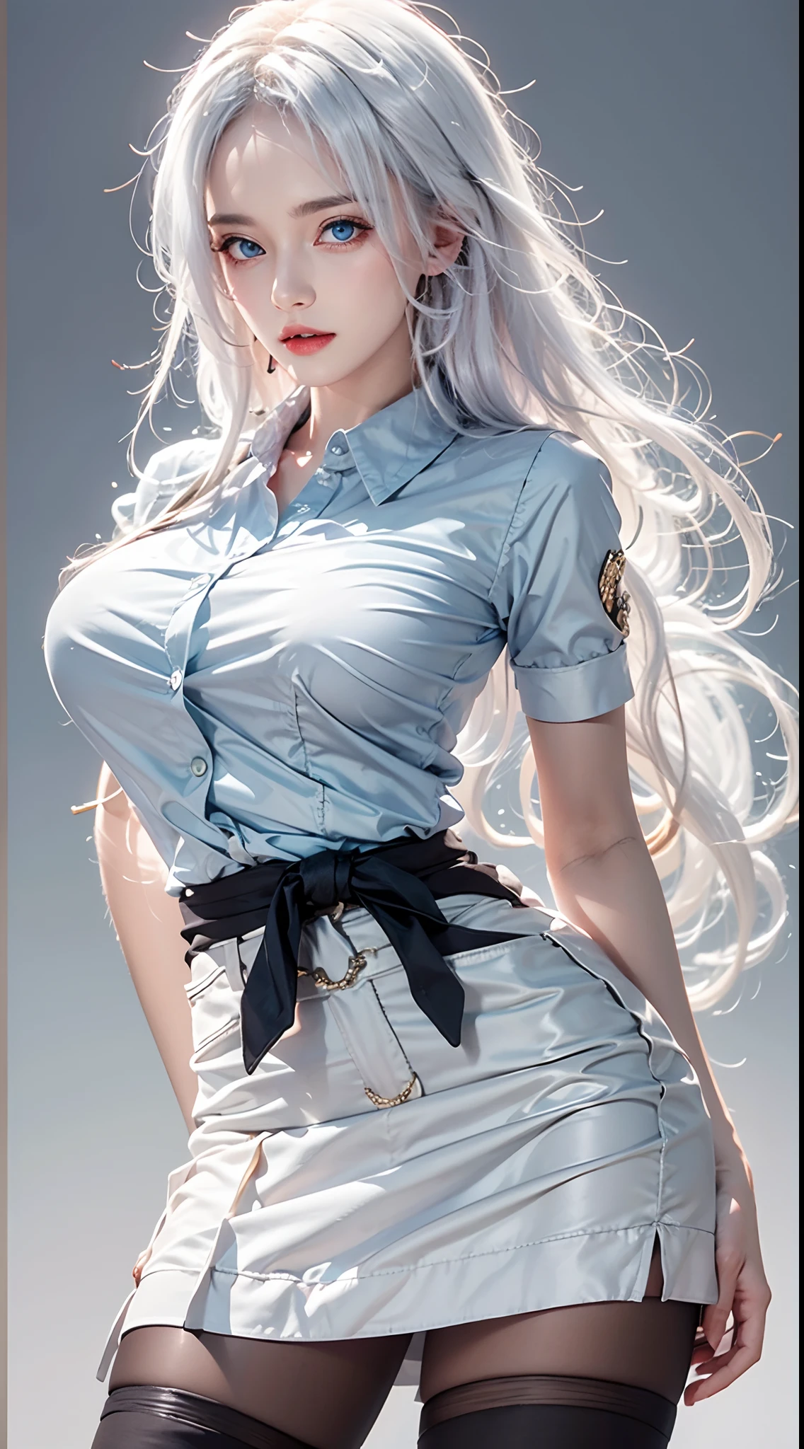 photorealistic, high resolution, soft lights, 1women, solo, hips up, blue eyes, white hair, long hair, shirt, black skirt, thigh highs