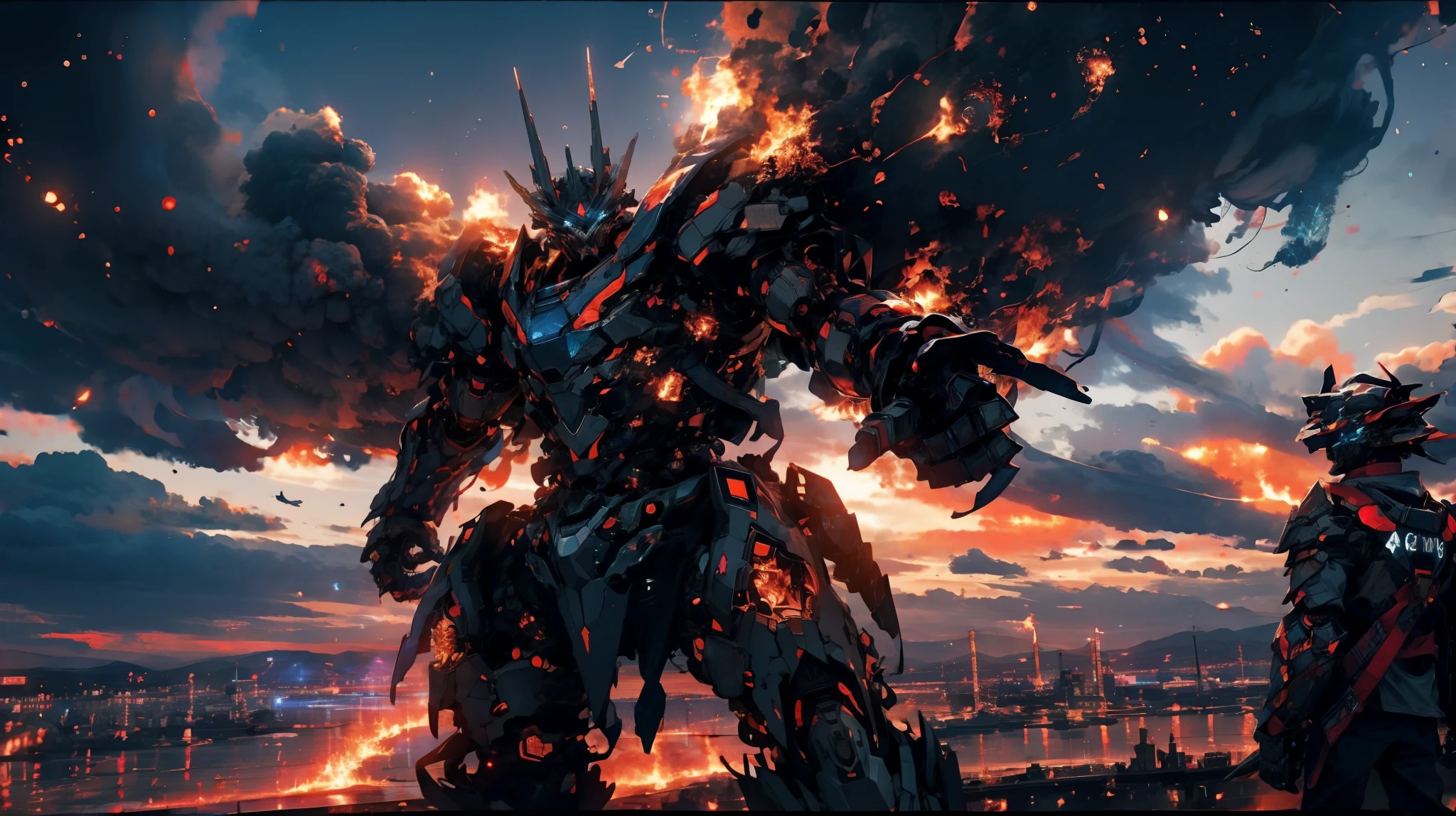 A war of armored Cores in a flaming city, red cosmic sky on fire