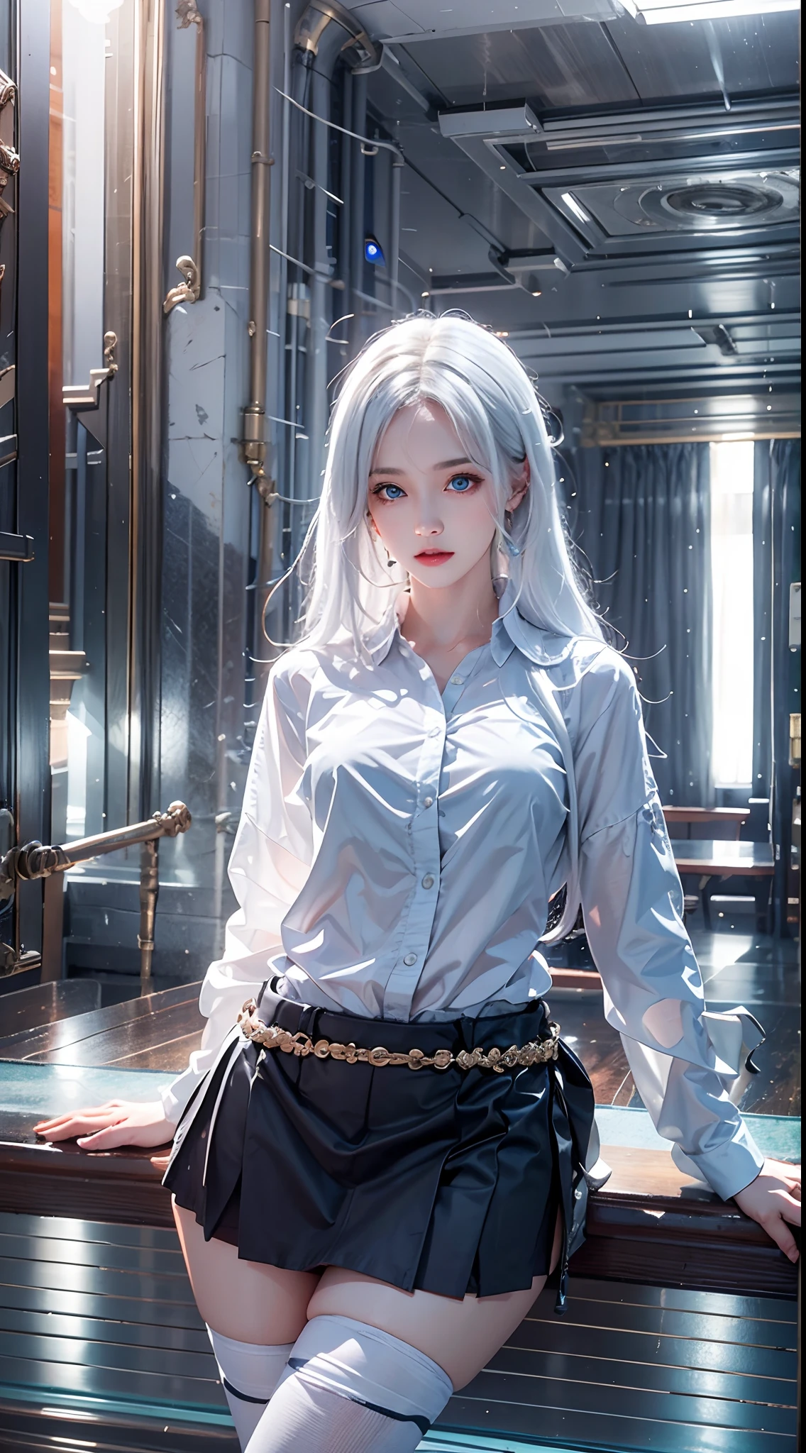 photorealistic, high resolution, soft lights, 1women, solo, hips up, blue eyes, white hair, long hair, shirt, black skirt, thigh highs