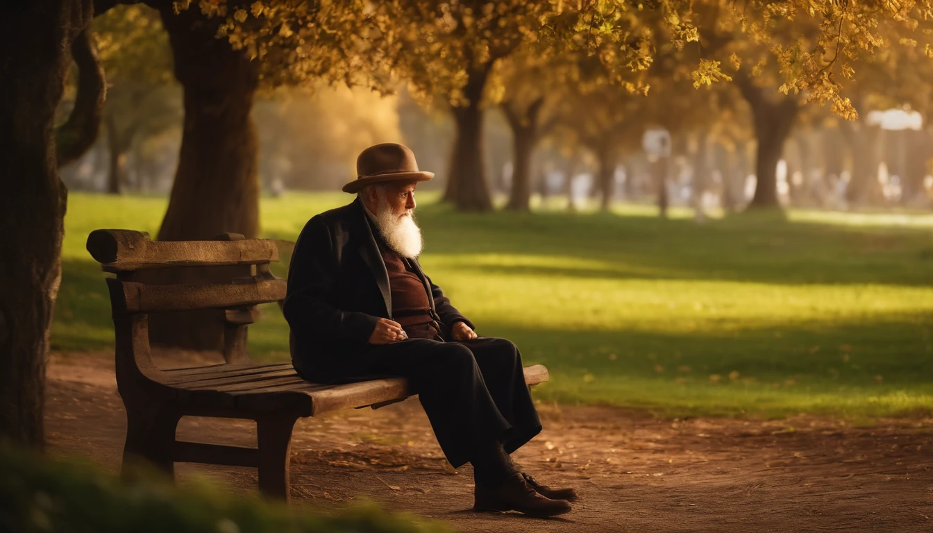 wise old man, sitting on a bench under a tree, several people around him, realistic photography, 8k