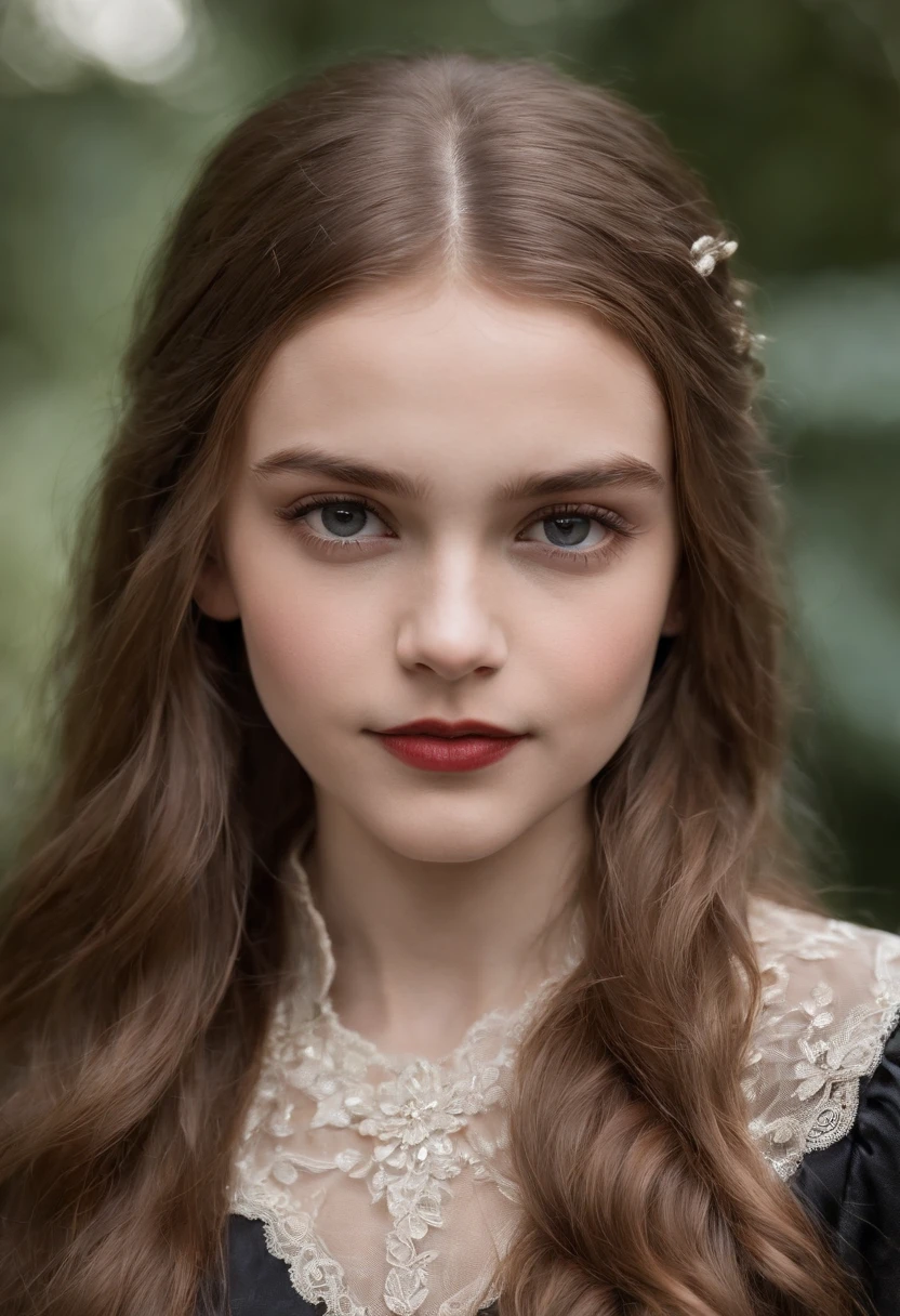 An 11-year-old Western European vampire girl is a child model，Cara puntiaguda inmadura，pecho mediano，Top de encaje escotado extremadamente delgado，The finest details，Texturas detalladas de la piel，Photo shoot for professional fashion magazines ,sonriendo