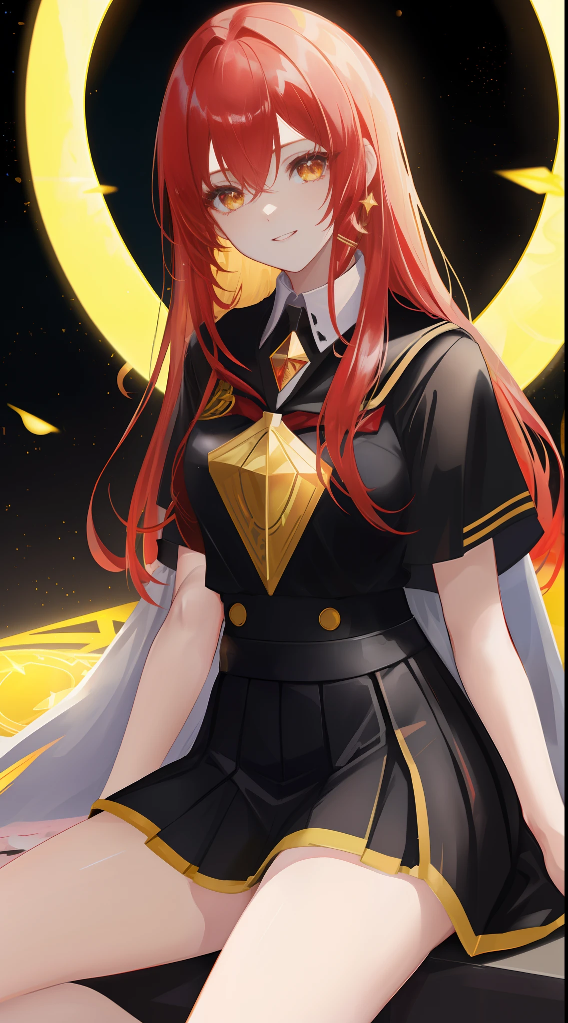 Full Body, red-haired young girl, yellow eyes, angelic body and face, and black high school uniform dress with a mini skirt, holding a shield, wearing a cloak, and golden hairpin, sitting on the throne of guardian, red wings, sun, and, high moon background scene, the magic circle with a diamond star, innocent smile, stable diffusion v5, anime style v3, lora style v5, dynamic, image enhance, dream shape, vibrant, realistic face, 32k resolution, upscale, sharp focus, best quality, masterpiece, ghostmix, flat color, flat light.