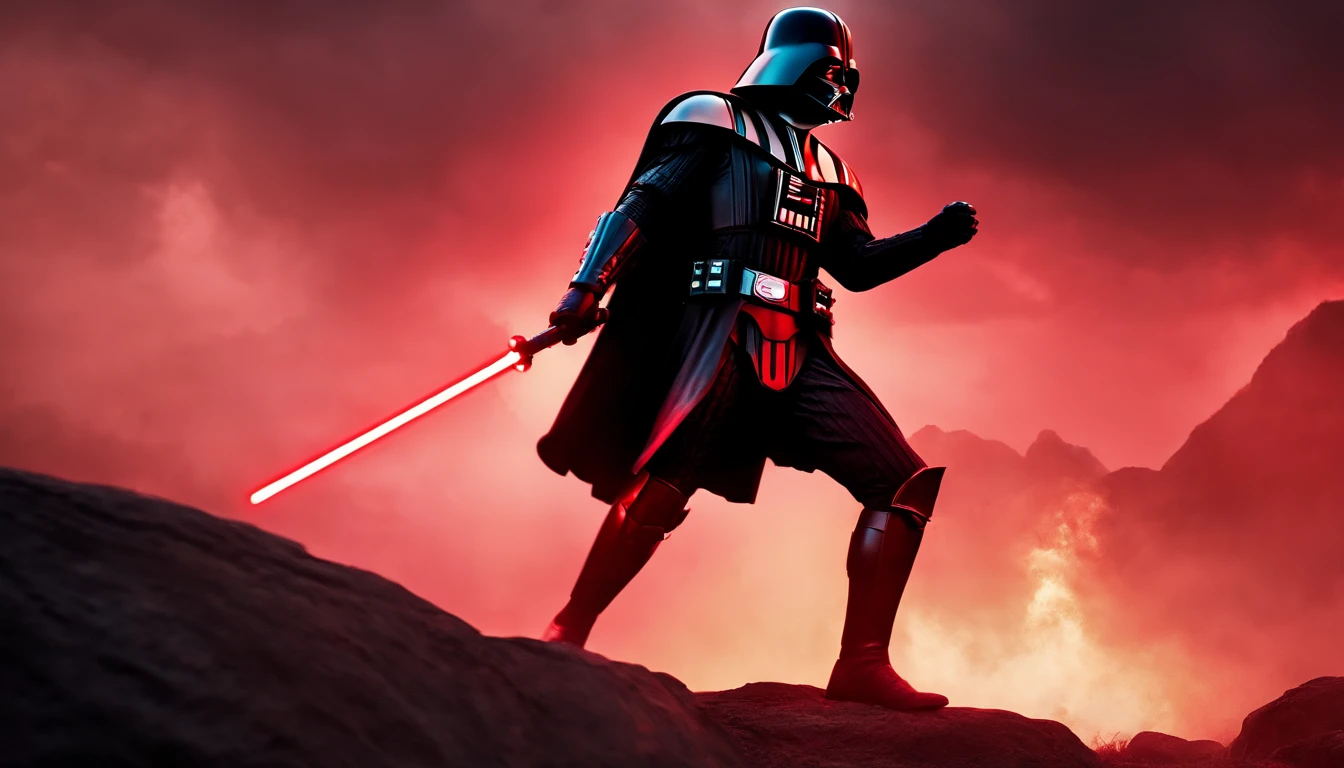 darth vader as a spartan warrior, jumping in the air, a neon red light sabers in hand, the sky is a pale hunter green, dying spartans on the ground , bloody armor, epic, 8k