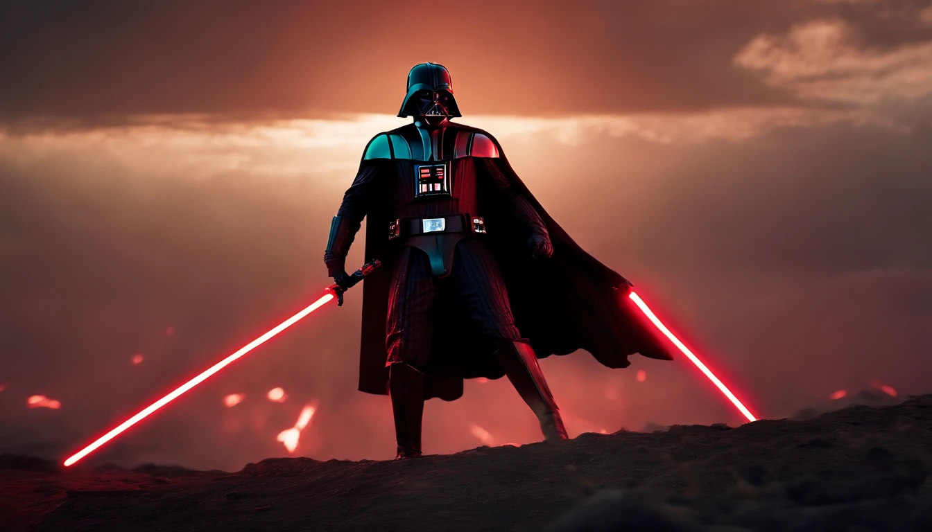 darth vader as a spartan warrior, jumping in the air, a neon red light sabers in hand, the sky is a pale hunter green, dying spartans on the ground , bloody armor, epic, 8k