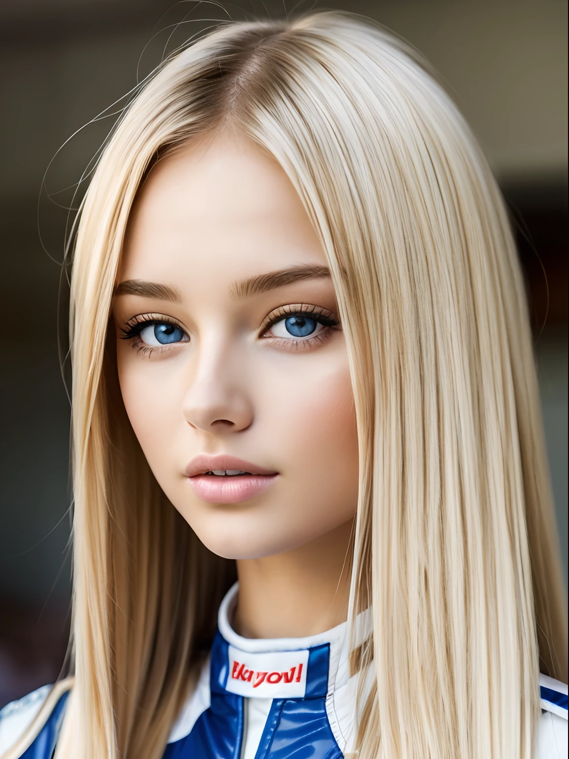 Woman with super long blonde silky straight hair and blue eyes is taking pictures, gorgeous young model, Portrait Sophie Mudd, beautiful female model, cute young woman, Very beautiful bangs、Light illuminating shiny cheeks、Very beautiful young woman, portrait of a beautiful model, Beautiful young girl, Beautiful young woman, a photography of a beautiful woman, face perfect, 19-year-old female model, Beautiful young face, Beautiful blonde girl,race suits that light blue and white, on the circuit