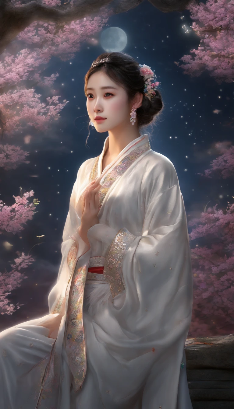(best quality,4K,high-res,masterpiece:1.2),ultra-detailed,realistic,portrait,painting,a beautiful girl with a flawless face,wearing traditional Hanfu gown,standing gracefully in a moonlit garden,the night sky adorned with countless twinkling stars,exuding a melancholic and enchanting aura,vibrant colors blending seamlessly,revealing intricate details in every stroke of the brush,soft and gentle lighting emphasizes the girl's delicate features,exquisite embroidery and flowing silk add a touch of elegance to the scene,the tranquil atmosphere and serene expression evoke a sense of nostalgia and beauty.