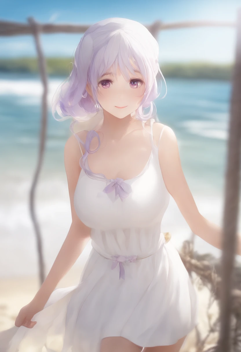 Best Quality, masutepiece, , ,Short, Huge breasts, White hair,low twintails, Purple eyes, Chris Yukine, thin twin tails,, Beach, Sea, White Dress, White skirt, white one peace, a straw fedora hat, (((Shy))), (Happy), Leaning forward, Summer, From above, Reaching out, Smiling,