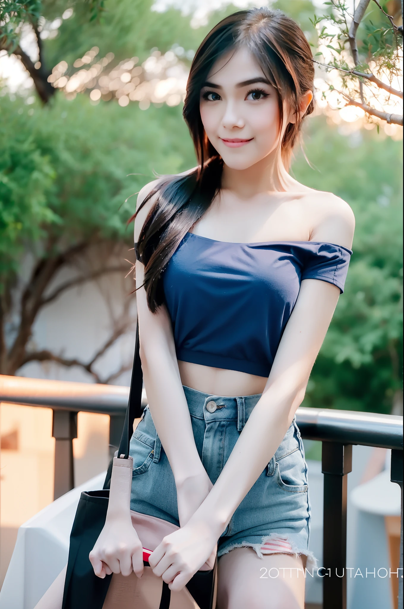 Female, 25 years old, Wearing a blue T-shirt off shoulder, black hotpants, style feminine, standing in the Nature, outdoor, long black hair, full body, close up, shy expression, sweet smile, Sunset, polish nails, beautiful face, high quality, photorealistic, masterpiece