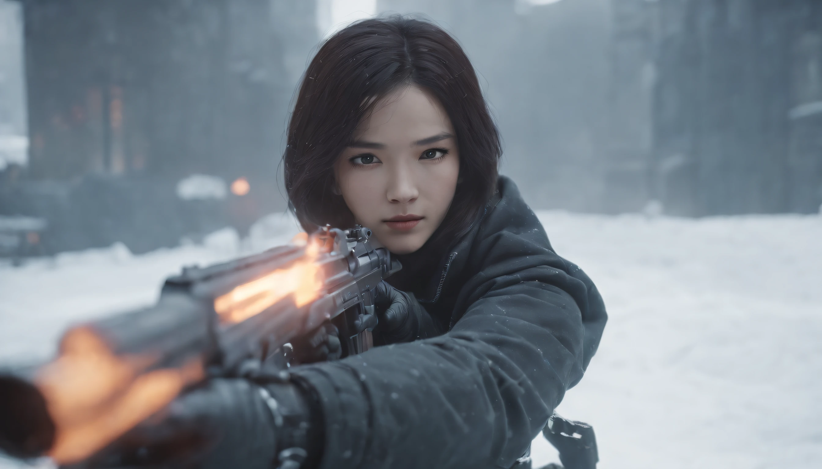 Close-up of a man shooting with a gun in the snow, Yang Yang, anime big breast《cyber punk perssonage》, Anime art style trigger, The style of an animated film "red line", screenshot from a 2012s anime, akira anime, Crisp high-quality anime, anime bullet vfx, Fire special effects,best anime character design, Anime cyberpunk moderno, modern sci-fi anime,