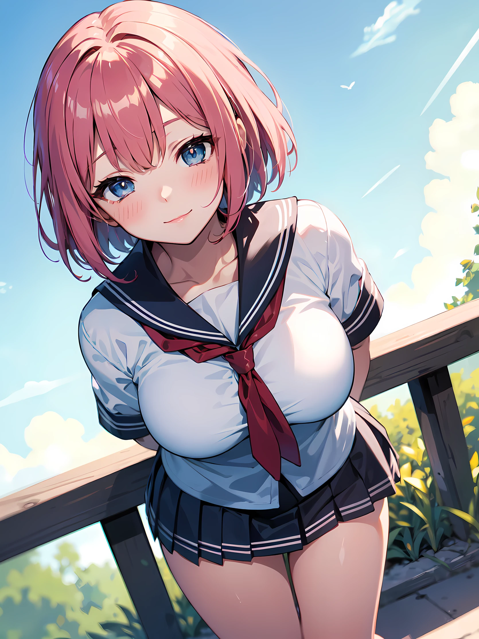 (masterpiece:1.3), (Best Quality:1.3), (Ultra-detailed:1.2), ((kawaii)), Cute, (lovely), ((sexy)), ((Extremely detailed)), 4K, (8K), Best Quality, (Beautiful), Illustration, anime style, (bold line:1.2), Gradation, looking at viewer, //, (arms behind back:1.3), (posture that makes one's chest tense), //, a cute girl, 1girl, (solo:1.2), //, (huge breasts), (Perfect eyes:1.2), (Perfect iris:1.2), //, Short hair style, Bright pink hair color, (beautiful eyes) //, (half closed eyes:1.3), (sexual expression:1.2), Fascinated expression, smile, (blush:1.2), //, (School uniform:1.2), Emphasizing cleavage, (down blouse), mini Skirt to see underwear, //, The backyard of the school, a place with an old bench, no one else around, //, gleaming skin,