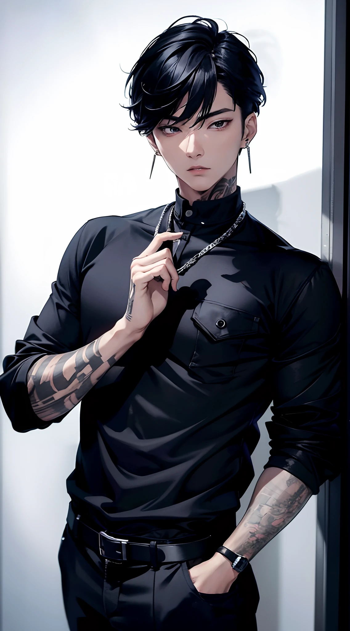 "(masterpiece, high resolution, high quality), young Korean man with broad shoulders, tattoo on his neck, wearing earrings, black shirt, cold expression, one hand in his pocket, dramatic lighting"