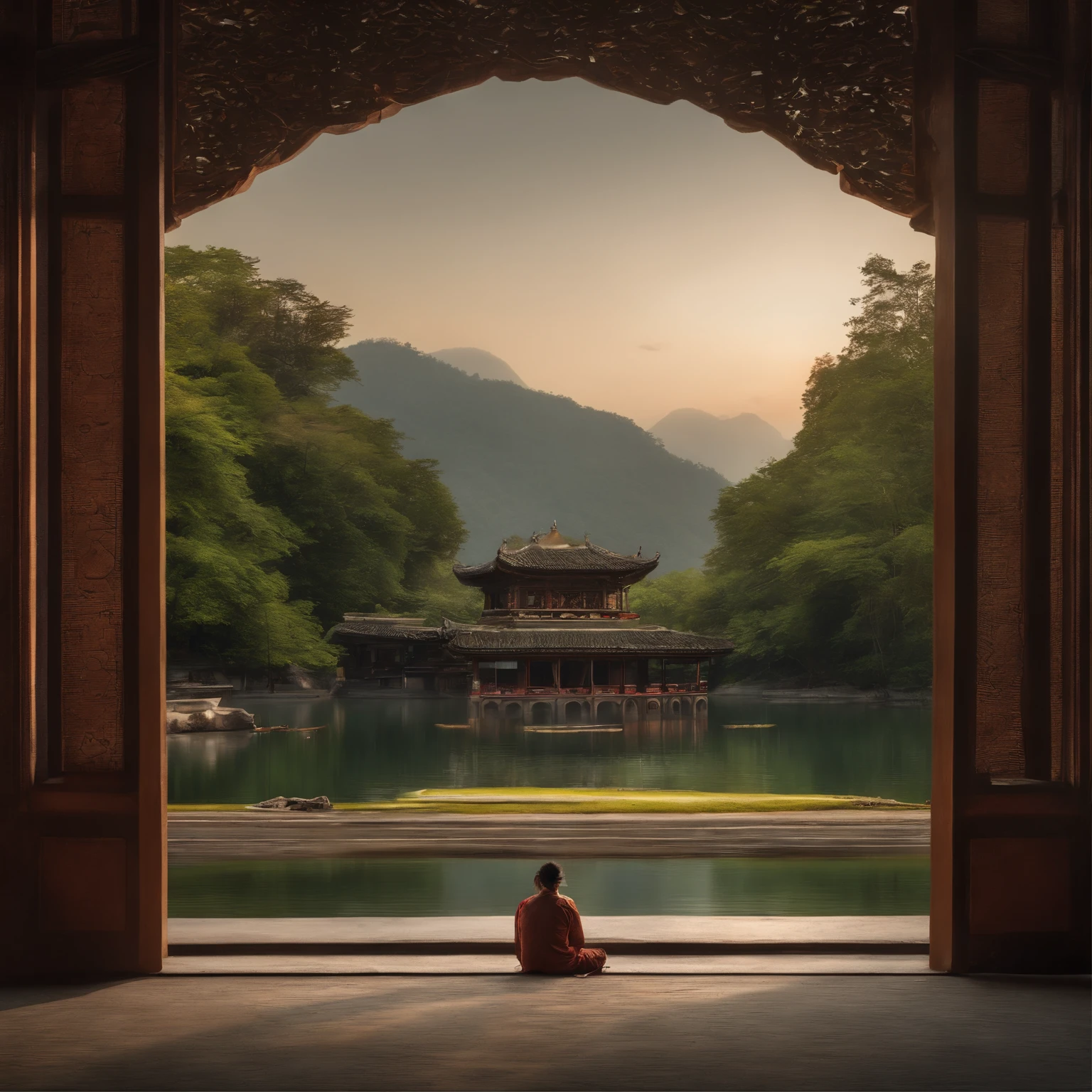 It depicts a beautiful West Lake and a green field.On one side of the lake are towering peaks，There was a little boy sitting inside the pavilion, while on the other side was a dense forest.The whole picture is vividly colored、Fresh and natural，4k画质，oil painted。
