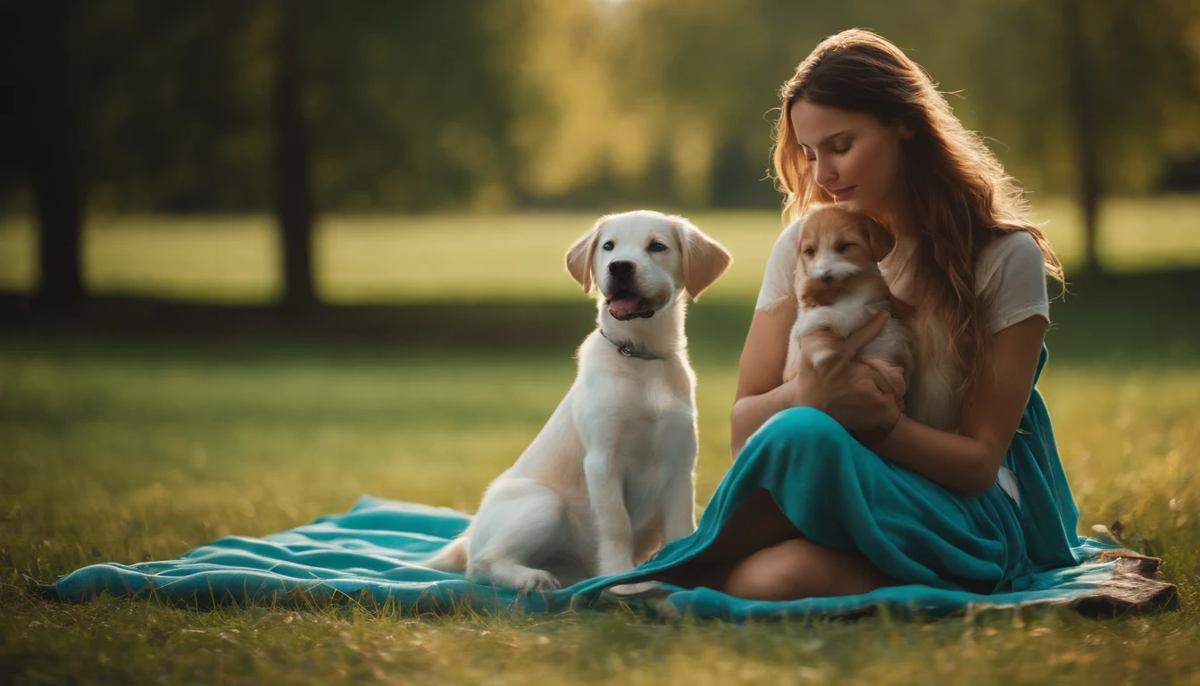 Girl with puppy, parks, Wrapped in a blanket，Picnic mats，Turquoise meadows，brightened light，