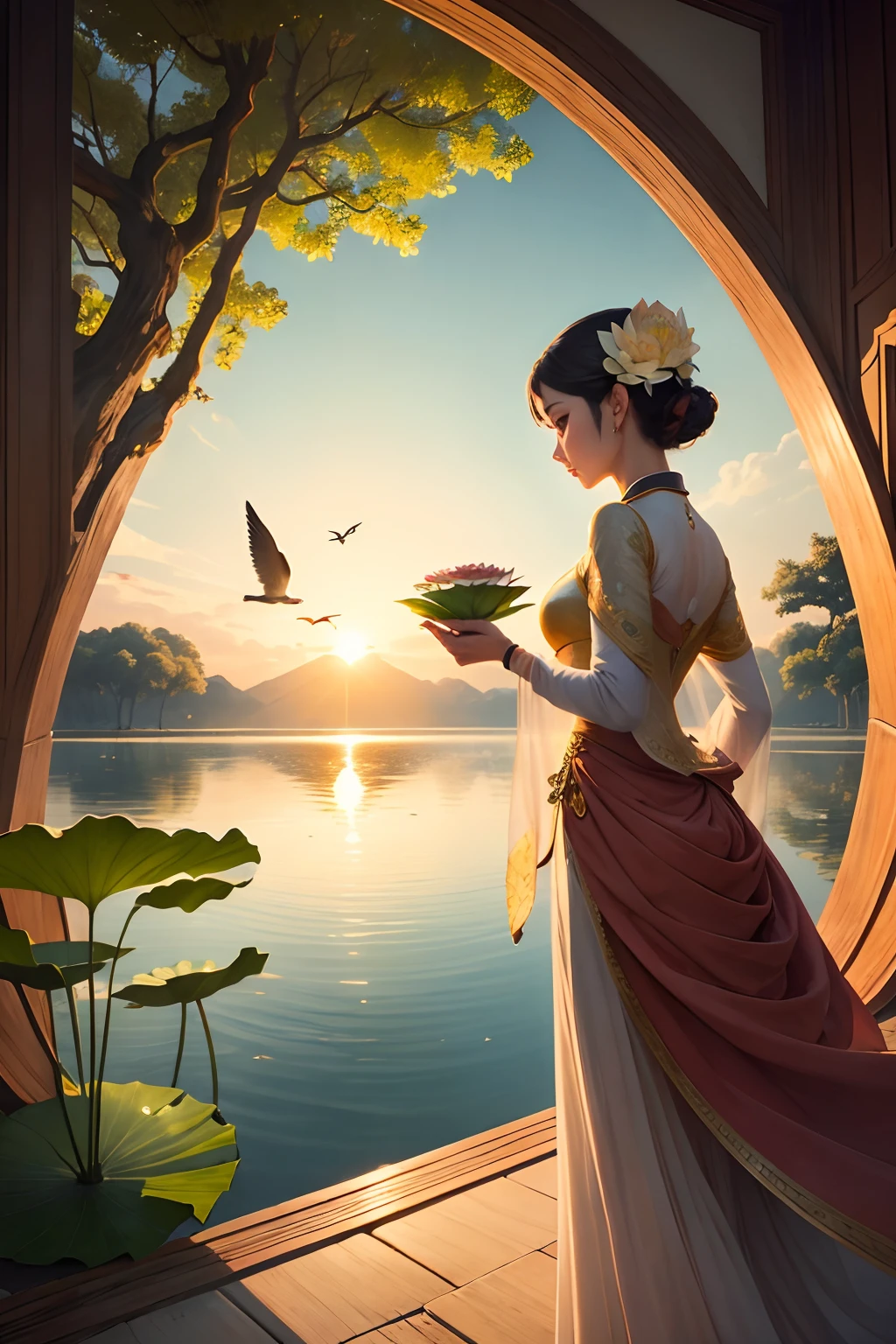 A large lotus flower，A large lotus leaf，There are branches next to it，There are two birds flying on the branches，eventide
