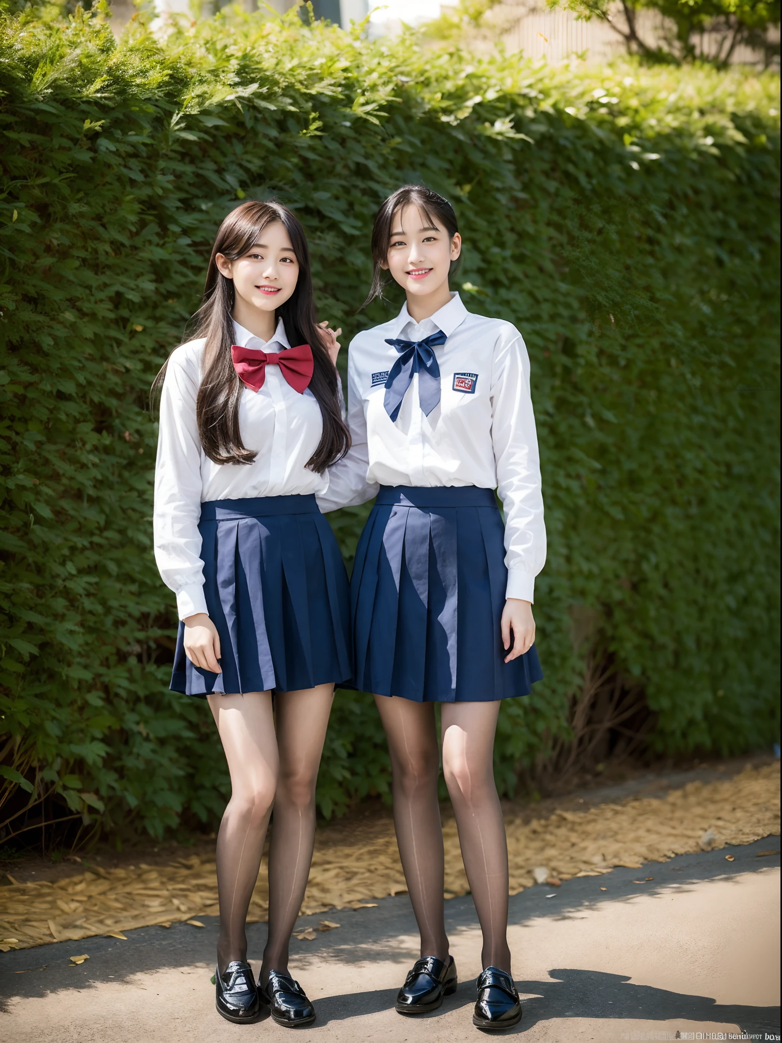 Beautiful detailed woman,very detailed eyes and faces, A detailed eye, ultra - detailed, A high resolution, The is very detailed,best qualtiy,illustratio,unified,8k 壁纸,tmasterpiece,best qualtiy,one-girl,Delicate girl,Slightly chubby figure,plumw,full bodyesbian,are standing,Casual pose,Student clothes,校服,The shirt,neck bowtie,pleatedskirt,High socks,White high socks,Small leather shoes