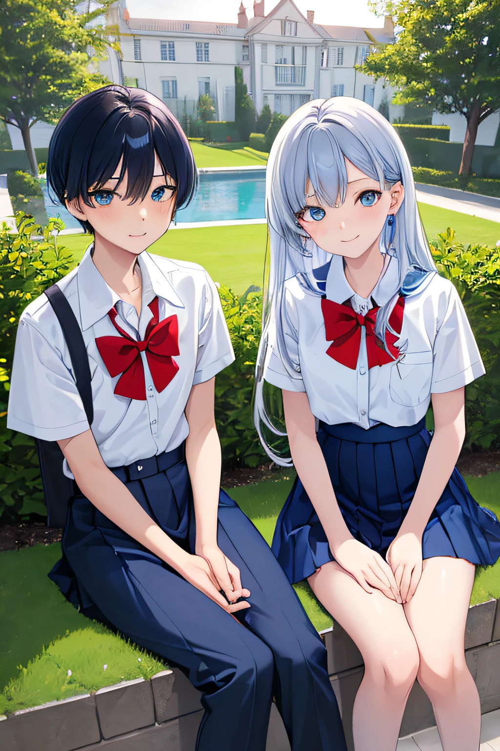 TWINS, MAN, WOMAN, (masterpiece, best quality), KujouCSA, rest, 1 boy, (Teenager) 10 years old, (((10 YEARS))), primary school student, couple, school uniform, white shirt, red bow, dark blue pants, dark blue skirt, blue eyes, blue-white hair, turquoise hair, medium, wavy hair, innocent smile, friendly expressions, light skin, twins of each gender, looking at the viewer, photo of the upper part of the body, patio of a mansion.