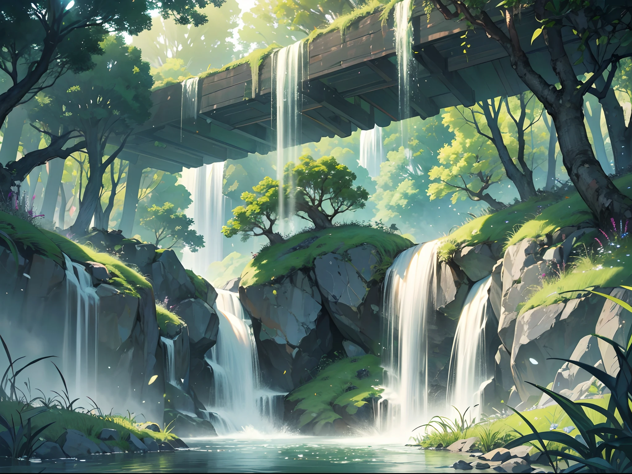 Beautiful scenery of Waterfall, tall waterfall, surrounded by beautiful green plants, fantasy world, fantasy scenery, group of little fairies appeared flying under the waterfall, firefly, magic particles, (ray tracing, global illumination), intricate and highly detailed, (ultra-detailed CG 8K Wallpaper), (masterpiece:1.3), best quality, (vibrant:1.1), cinematic scenes, film grain