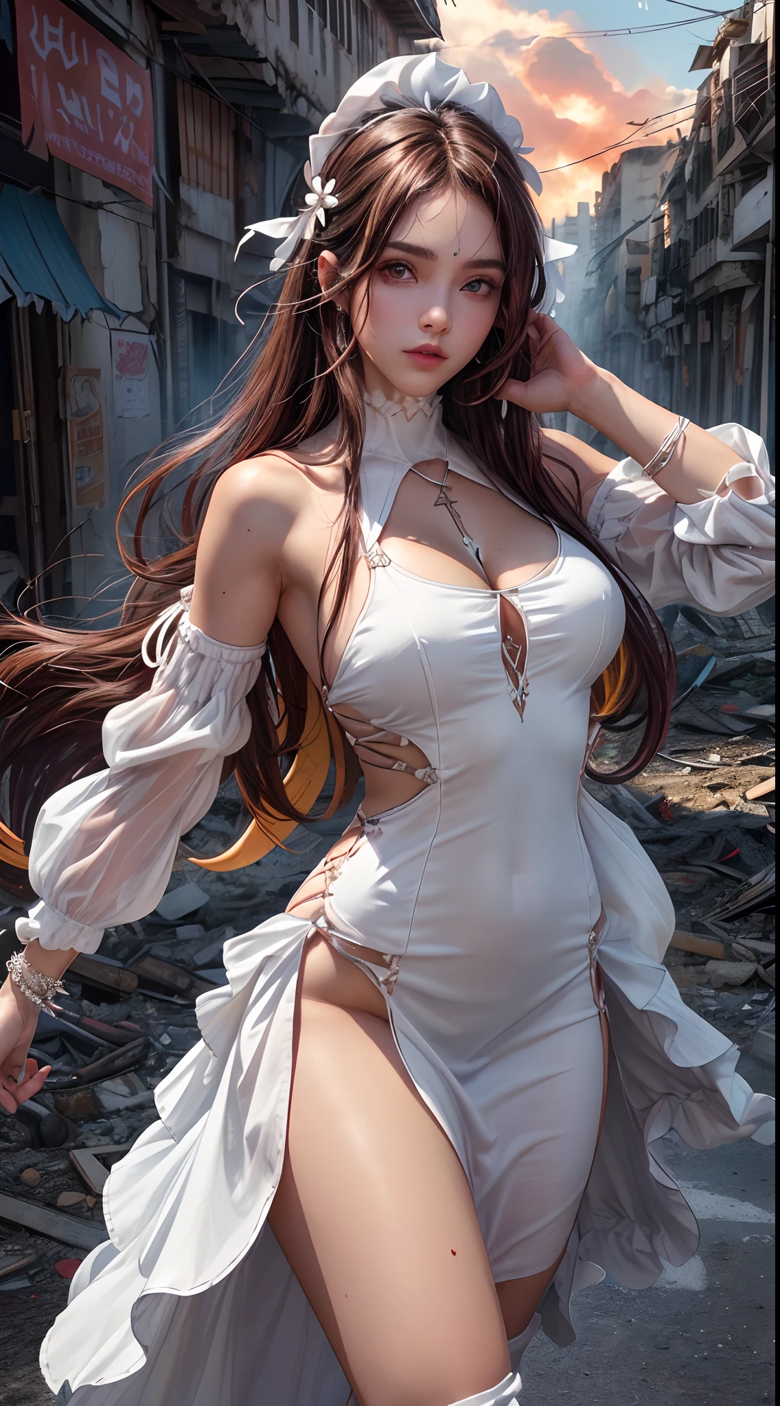 8k, 。...................................3D, realista, Ultra Micro Photography, of the highest quality, Super detalle CG Unity 8k,Cara perfecta, belleza, hermosa figura, pose orgullosa, Elesis Elsword online, swordswoman, Cabello largo, Pelo rojo, armadura ligera, falda, Medias negras con cordones, (vestido rojo y blanco:1.4), Caballerosa, Vestimenta de caballero, capa blanca, placa pectoral, placa del brazo,hermosa ,(Apocalyptic city destroyed:1.4), (manos:1.4).fuego realista:1.4
