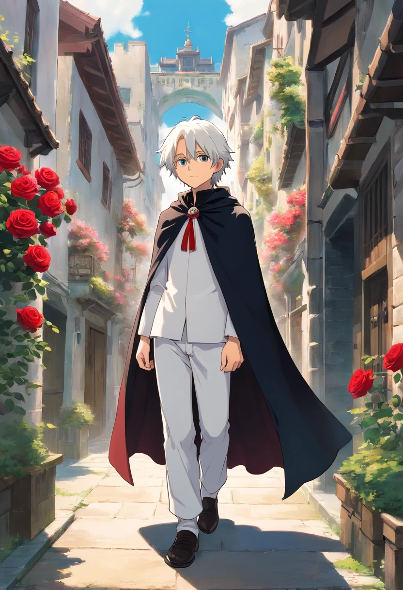 A young white-haired ager in a white outfit and a black cape and is in his left hand a rose facing a building in call