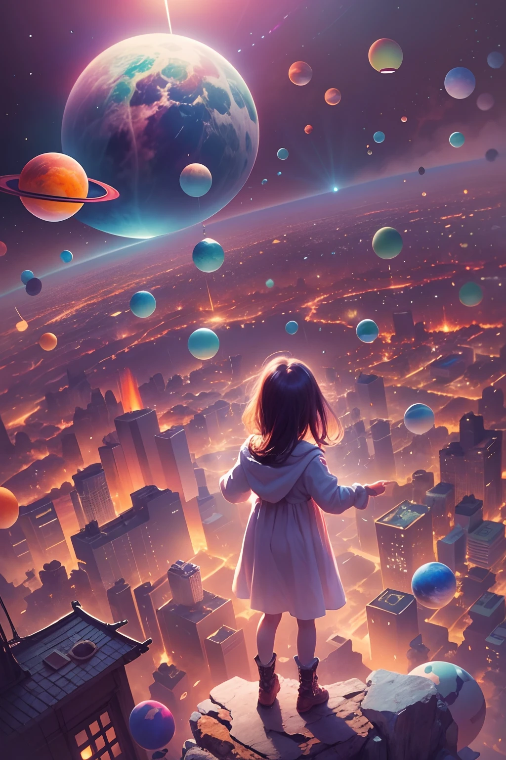 Little girl in heaven, Hand followed by multicolored planets, Bird's eye view, sci fi city, There is glare,