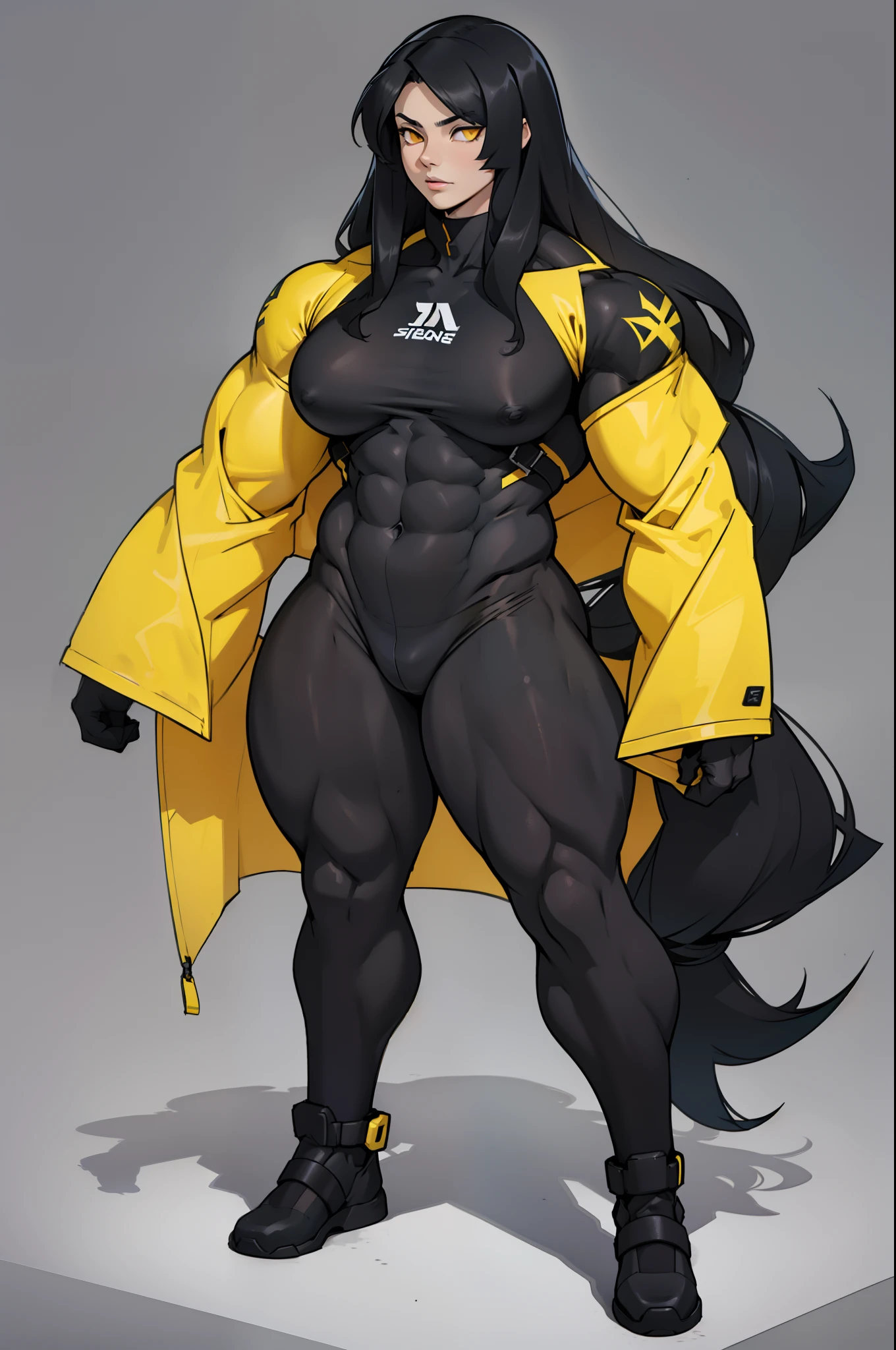 ((very long hair)), ((grey background)), (((((1 girl))))), black hair, yellow eyes, ((((((muscular)))))), tall, pale skin, (full body), bodysuit, (solo), curvy, wide hips, thick thighs, big breasts