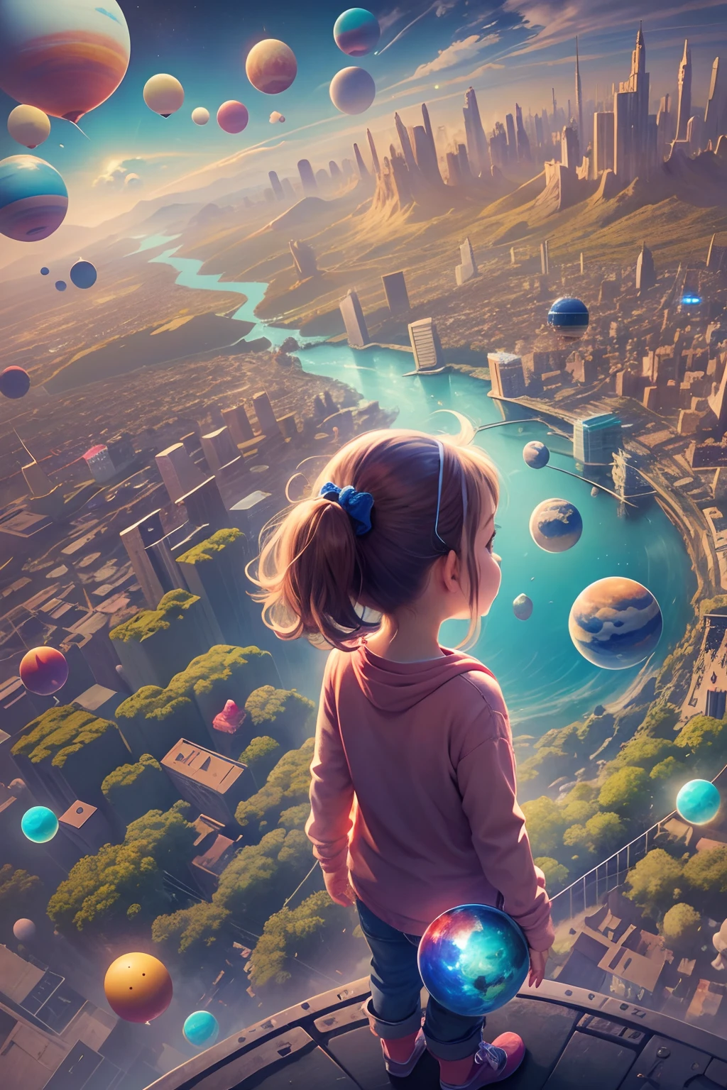 in heaven, Hand followed by multicolored planets, Bird's eye view, sci fi city, There is glare,