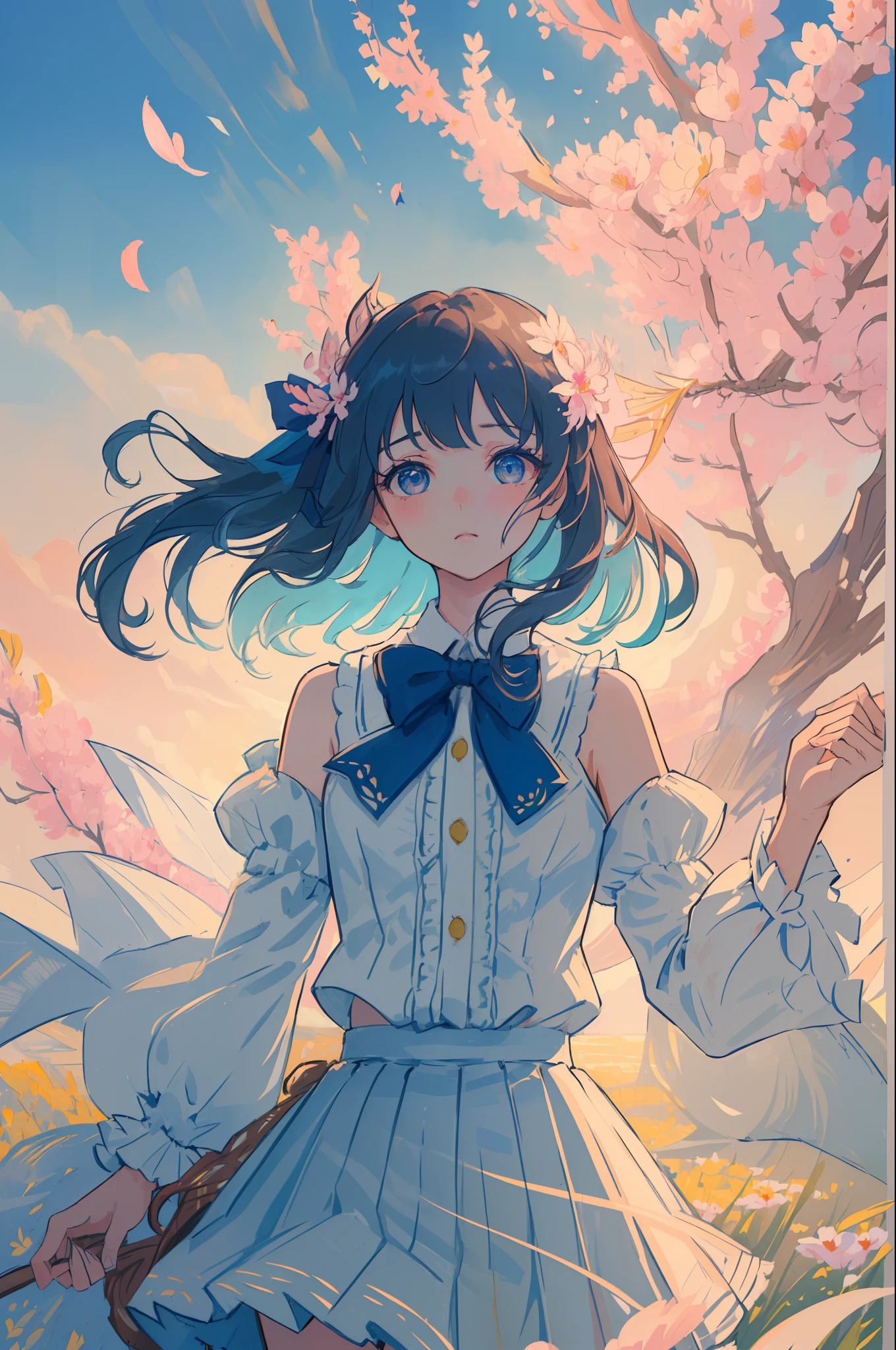 (((masterpiece))), (((best quality))), ((ultra-detailed)), (illustration), (1 girl), (solo), ((an extremely delicate and beautiful)), girl, ((beautiful detailed sky)), beautiful detailed eyes, side blunt bangs, hairs between eyes, ribbons, bowties, buttons, bare shoulders, (small breast), blank stare, pleated skirt, close to viewer, ((breeze)), Flying splashes, Flying petals, wind