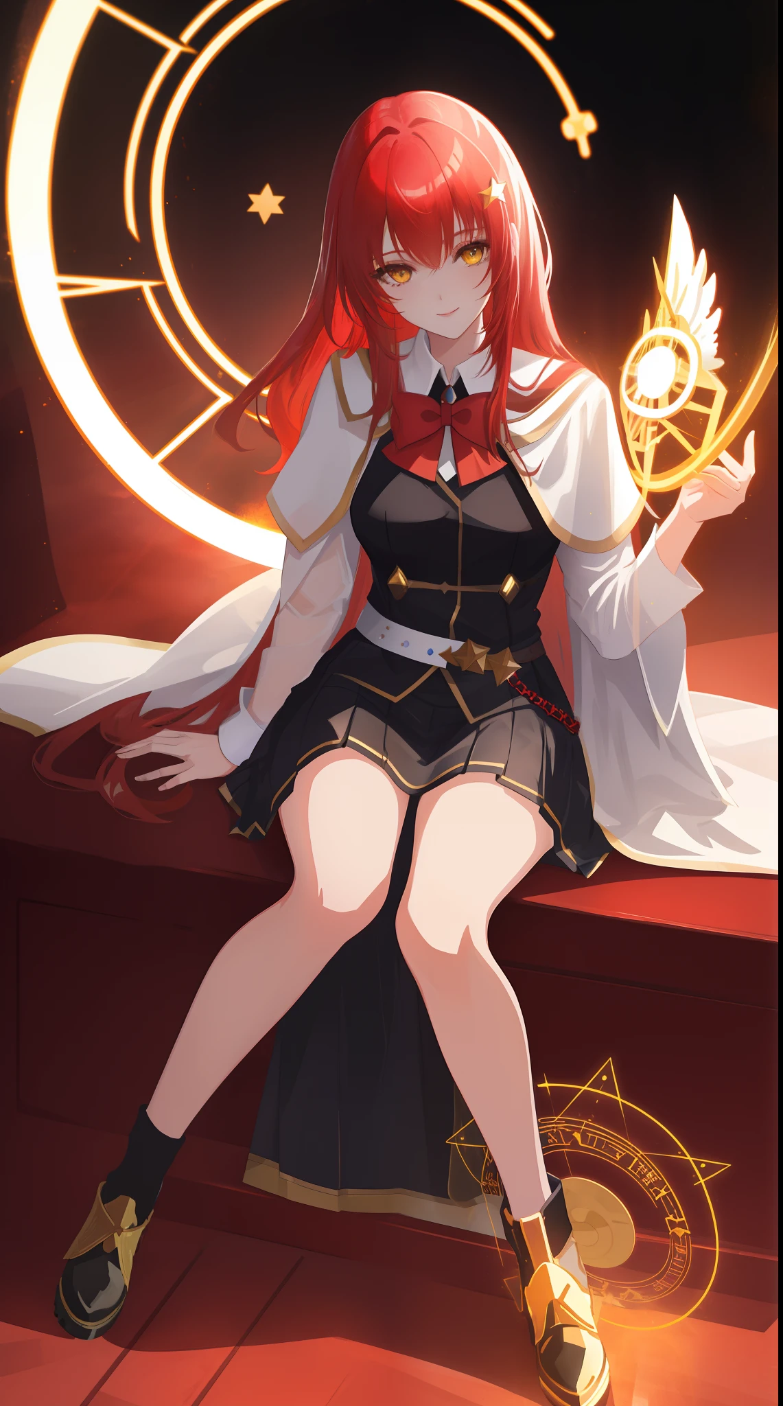 Full Body, scarlet-haired young girl, yellow eyes, angelic body and face, and black high school uniform dress with a mini skirt, holding a shield, wearing a cloak, and golden hairpin, sitting on the throne of guardian, red wings, sun, and, high moon background scene, the magic circle with a diamond star, innocent smile, stable diffusion v5, anime style v3, lora style v5, dynamic, image enhance, dream shape, vibrant, realistic face, 32k resolution, upscale, sharp focus, best quality, masterpiece, ghostmix, flat color, flat light.