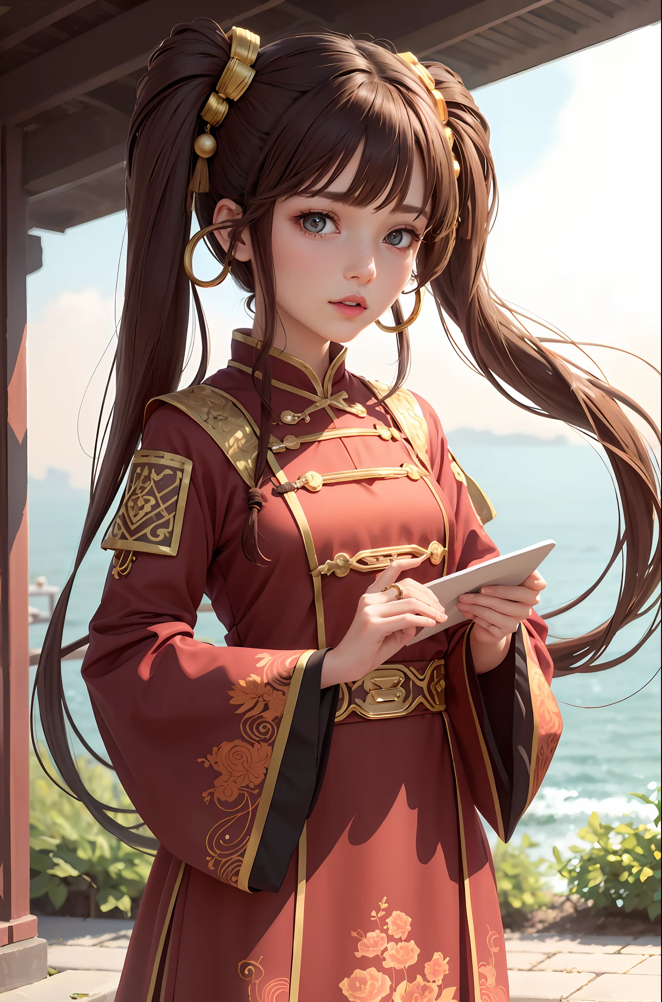 (best quality), (hyperrealistic), mh-yk, 1girl, solo, brown hair, brown eyes, , long hair, chinese clothes, twintails, outdoor, hair rings, dress, jewelry, bangs