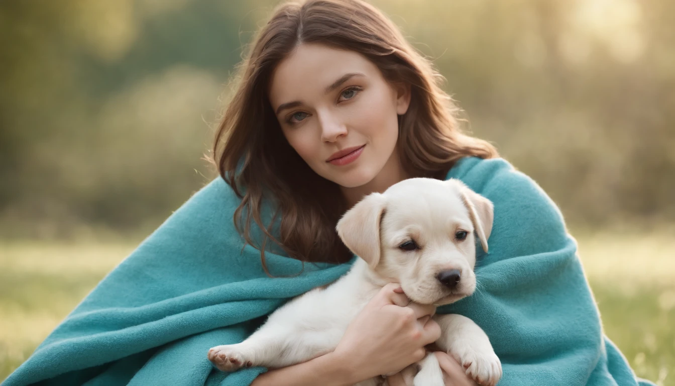 Girl with puppy, parks, Wrapped in a blanket,Picnic mats,Turquoise meadows,bright,
