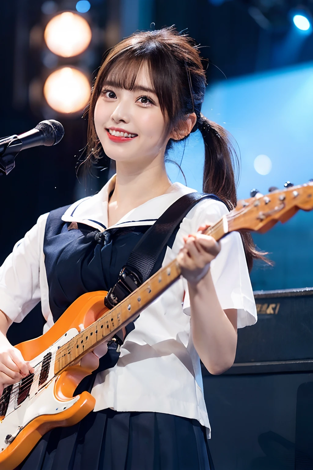 electric guitars、Japan Solo Idol,Pretty girl,A smile that makes the viewer happy,Light brown and orange two-tone shorthair,Floating hair,poneyTail、Unkempt hair,Red cheeks,red lipsticks,Stand in front of the microphone stand、(plays the electric guitar:1.3),sings,(Student Sailor Uniform:1.3)、Studio Lighting、(My whole body is drenched in sweat,Costume wet with sweat,hair wet with sweat,Face wet with sweat,Body wet with sweat,Skin shiny with sweat,), (masutepiece,top-quality,Ultra-high resolution output image,)