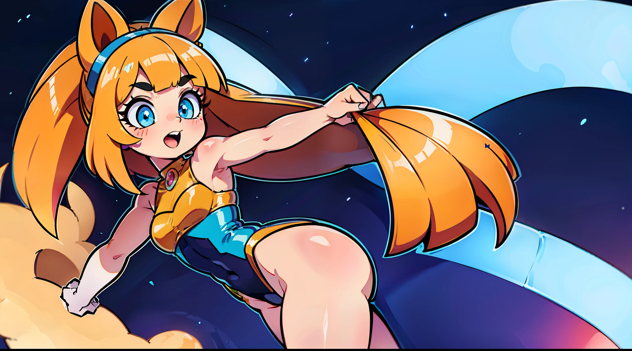 ((master part)), best quality, absurdos, ultra detalhado, 8k, Detalhes super complexos, detalhes intrincados, Holographic, cowboy shot, proportion Aurea, super fofa, meninaa, Idol girl, Super beautiful aura asian girl with very cute bright eyes, lindos cabelos multicoloridos brilhantes, rabo de cavalo alto, nice and sexy body, corpo magro, Corpo Perfeito, usando um leotard super apertado e super fofo, uma armadura dourada super sexy e ornamento de cabelo bonito e celestial, with a cute magical pet, in a futuristic Tokyo