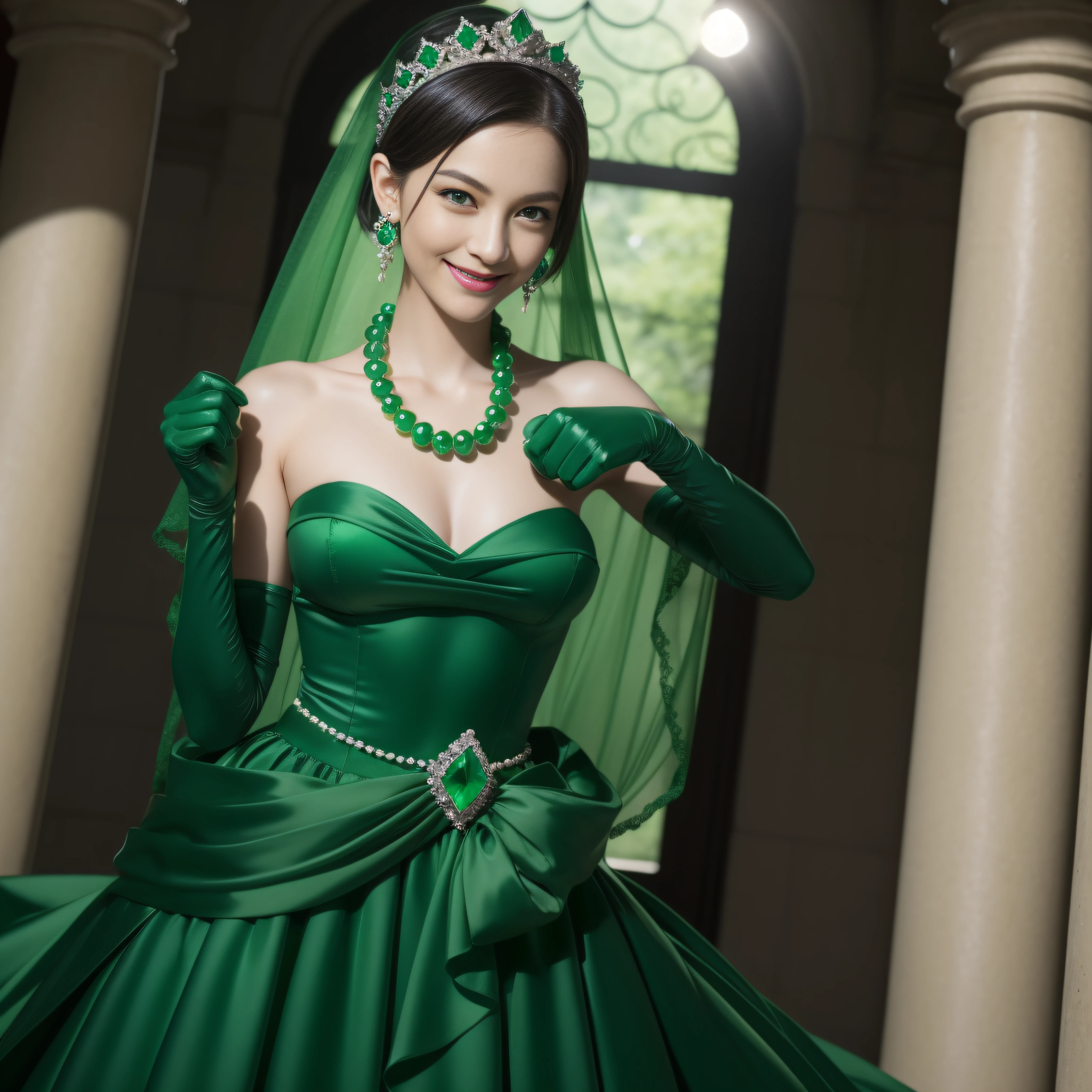 emerald tiara, Green Pearl Necklace, Boyish very short green hair, lipsticks, Japan woman smiling, very short short hair, fist, big breasts beautiful, Green eyes, Long green gloves made of satin material, Green eyes, Emerald Earrings