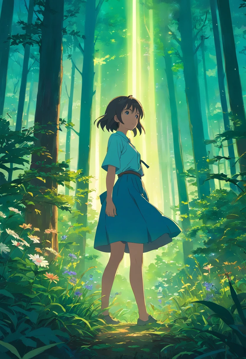 depicts the atmosphere of a dark and dense forest at night. In the middle of the forest, a woman dressed in dark attire stands atop a circle of strange wildflowers. With gleaming eyes and a raspy voice, she begins to chant eerie incantations, attempting to summon evil spirits from the darkness. Describe in detail the mysterious atmosphere and tension surrounding the woman and the forest that envelops her."