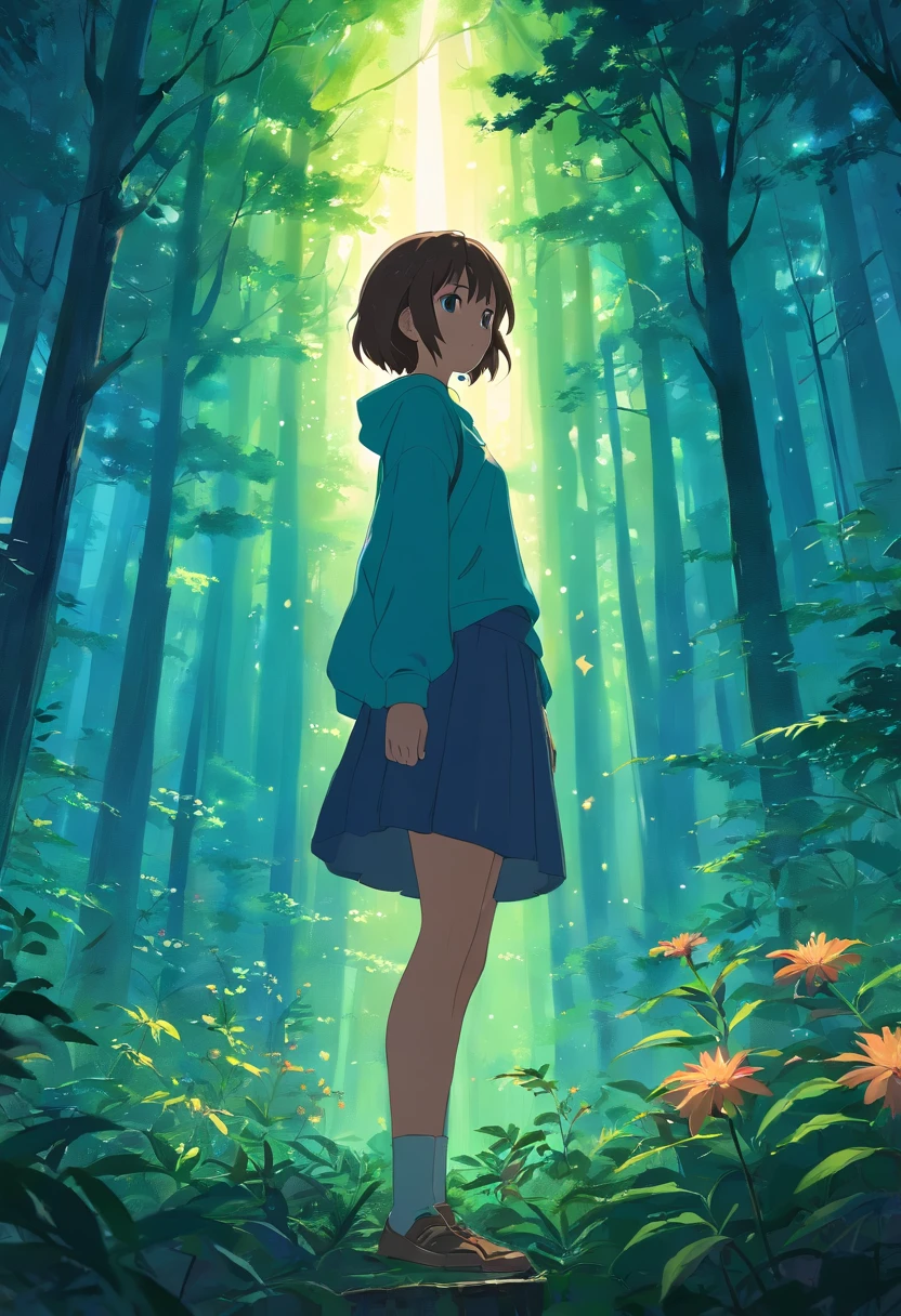 depicts the atmosphere of a dark and dense forest at night. In the middle of the forest, a woman dressed in dark attire stands atop a circle of strange wildflowers. With gleaming eyes and a raspy voice, she begins to chant eerie incantations, attempting to summon evil spirits from the darkness. Describe in detail the mysterious atmosphere and tension surrounding the woman and the forest that envelops her."
