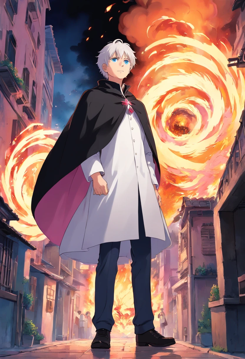 A building catching fire in front of a young teenage man with white hair and blue eyes in a white outfit is a black cape holding a pink
