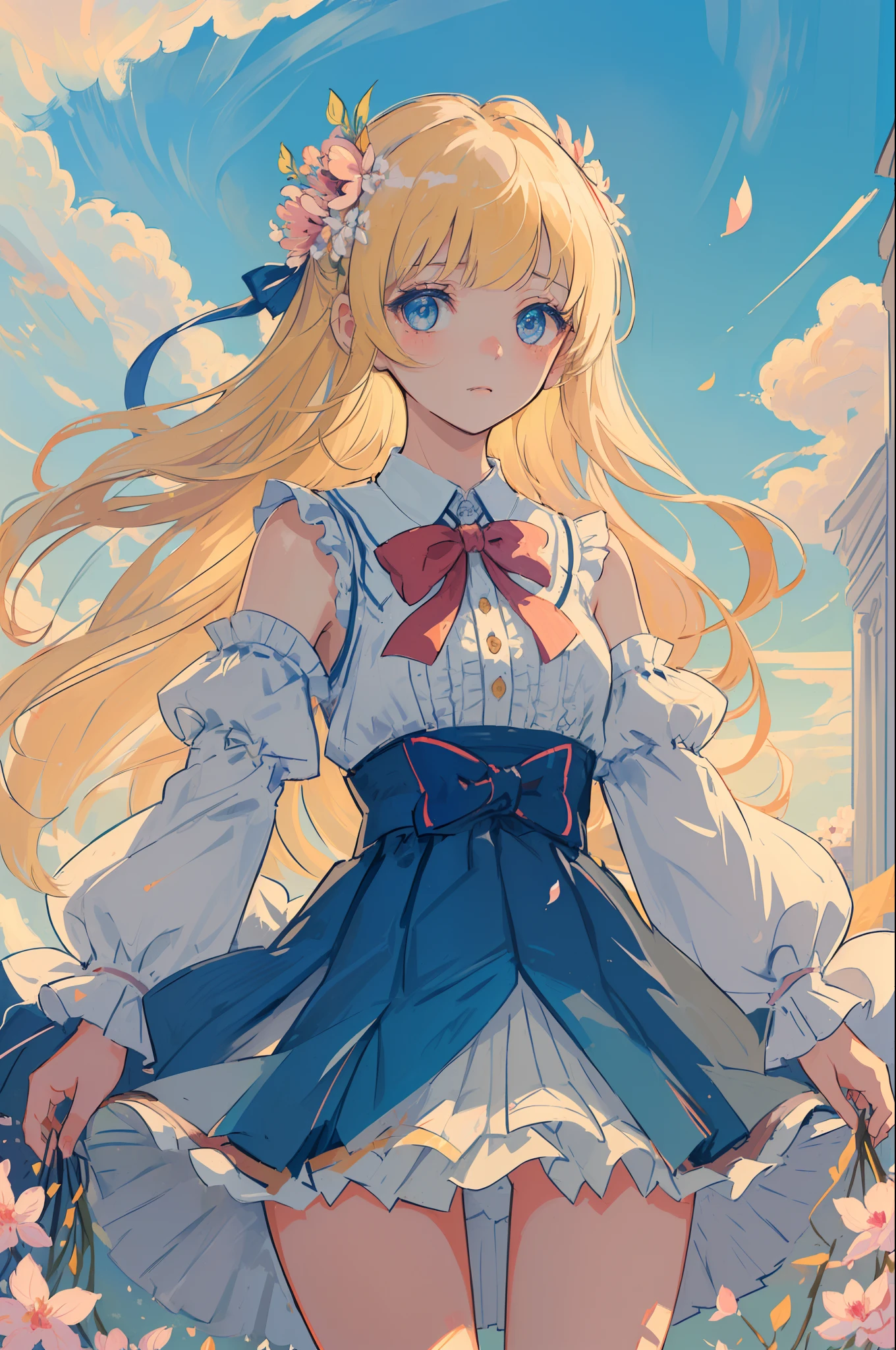 (((masterpiece))), (((best quality))), ((ultra-detailed)), (illustration), (1 girl), (solo), ((an extremely delicate and beautiful)), girl, ((beautiful detailed sky)), beautiful detailed eyes, side blunt bangs, hairs between eyes, ribbons, bowties, buttons, bare shoulders, (small breast), blank stare, pleated skirt, close to viewer, ((breeze)), Flying splashes, Flying petals, wind