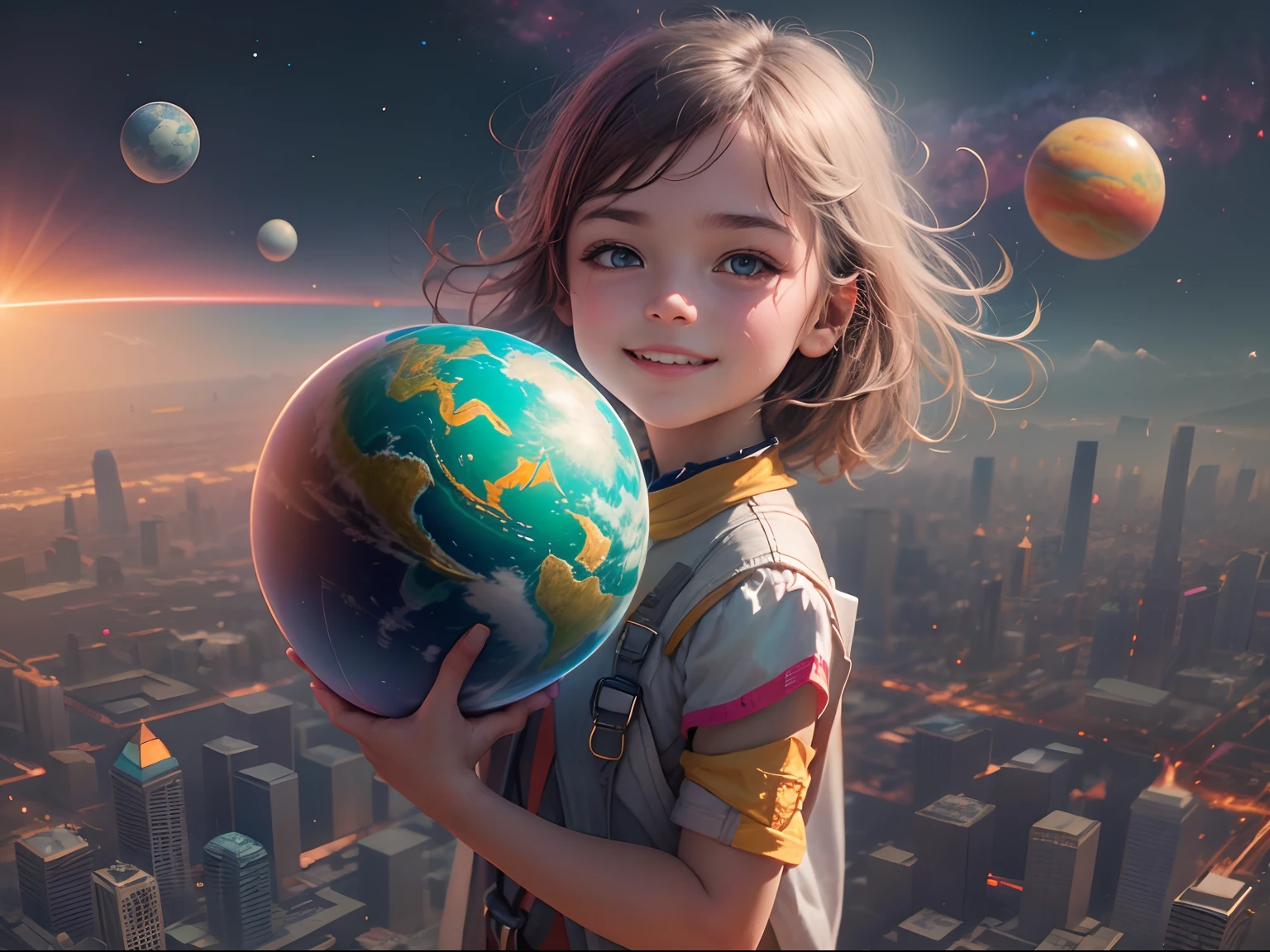 The smiled,Holding a multicolored planet, Being in the air, Bird's eye view, sci fi city, There is glare,