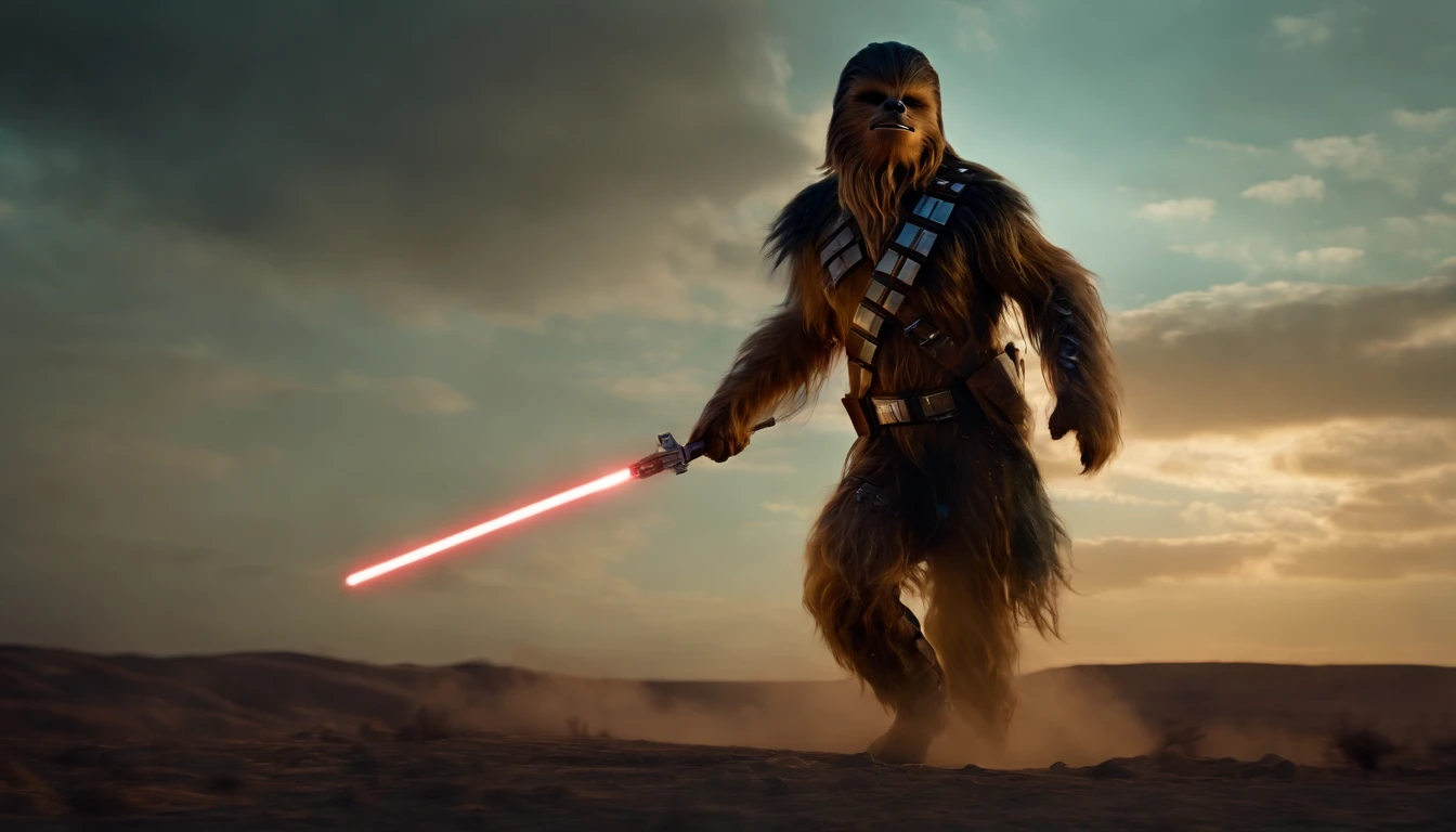 chewbacca as a spartan warrior, jumping in the air, a neon blue light sabers in hand, the sky is a pale hunter green, dying spartans on the ground , bloody armor, epic, 8k