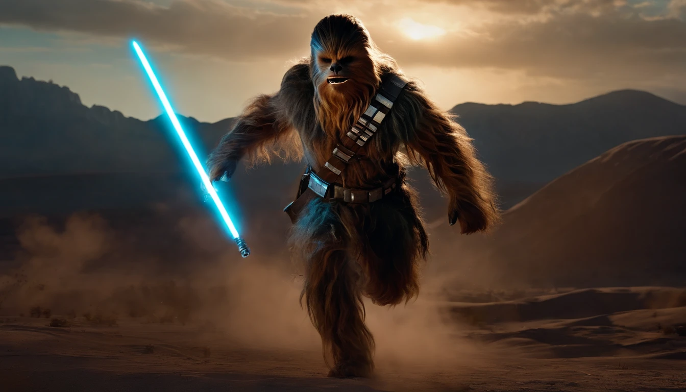 chewbacca as a spartan warrior, jumping in the air, a neon blue light sabers in hand, the sky is a pale hunter green, dying spartans on the ground , bloody armor, epic, 8k